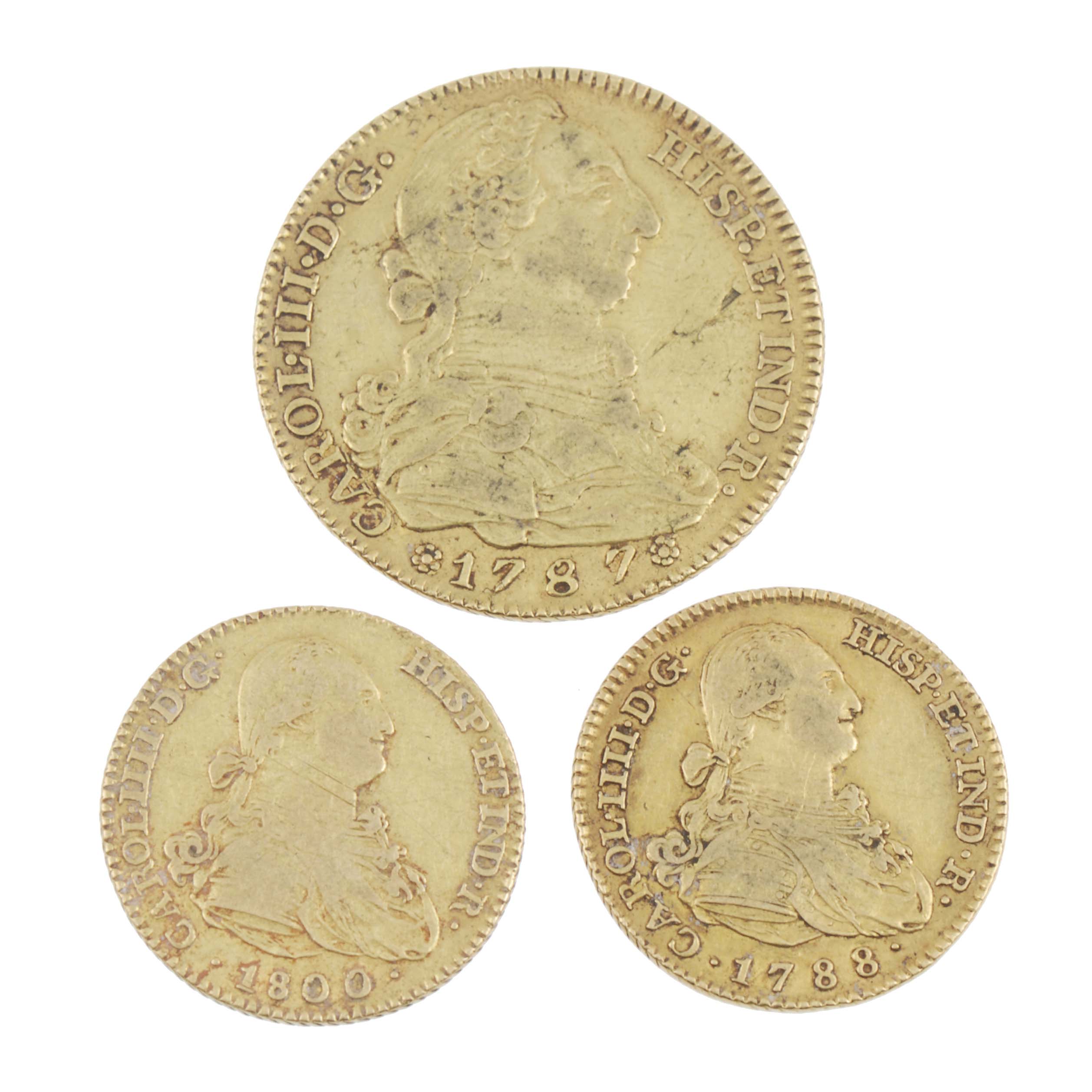 MONEDA DE CARLOS III, 1787 Y DOS DE CARLOS IV, 1788 Y 1800.