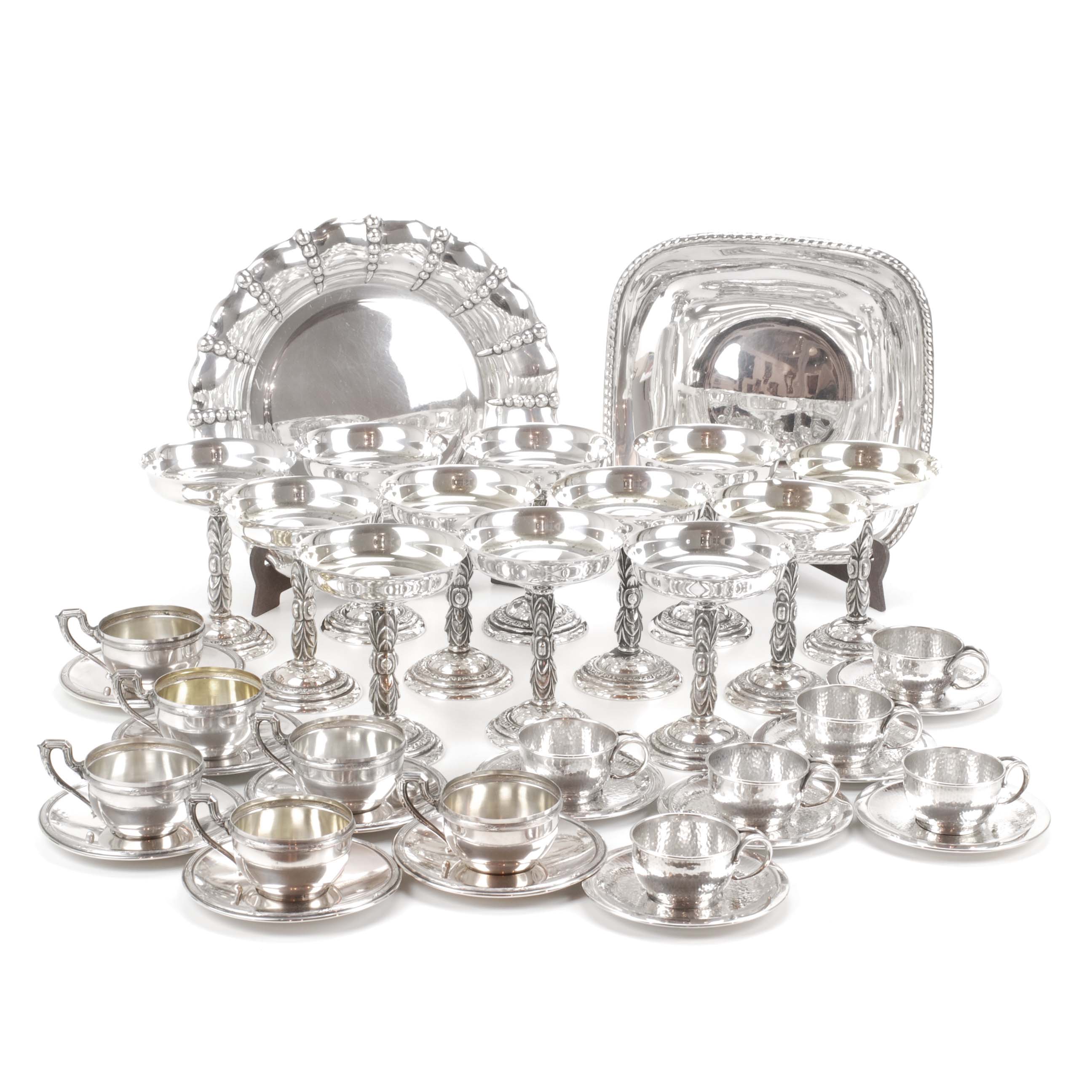 TWO TRAYS, TWO CUP SETS AND TWELVE GLASSES, SPANISH SILVER,