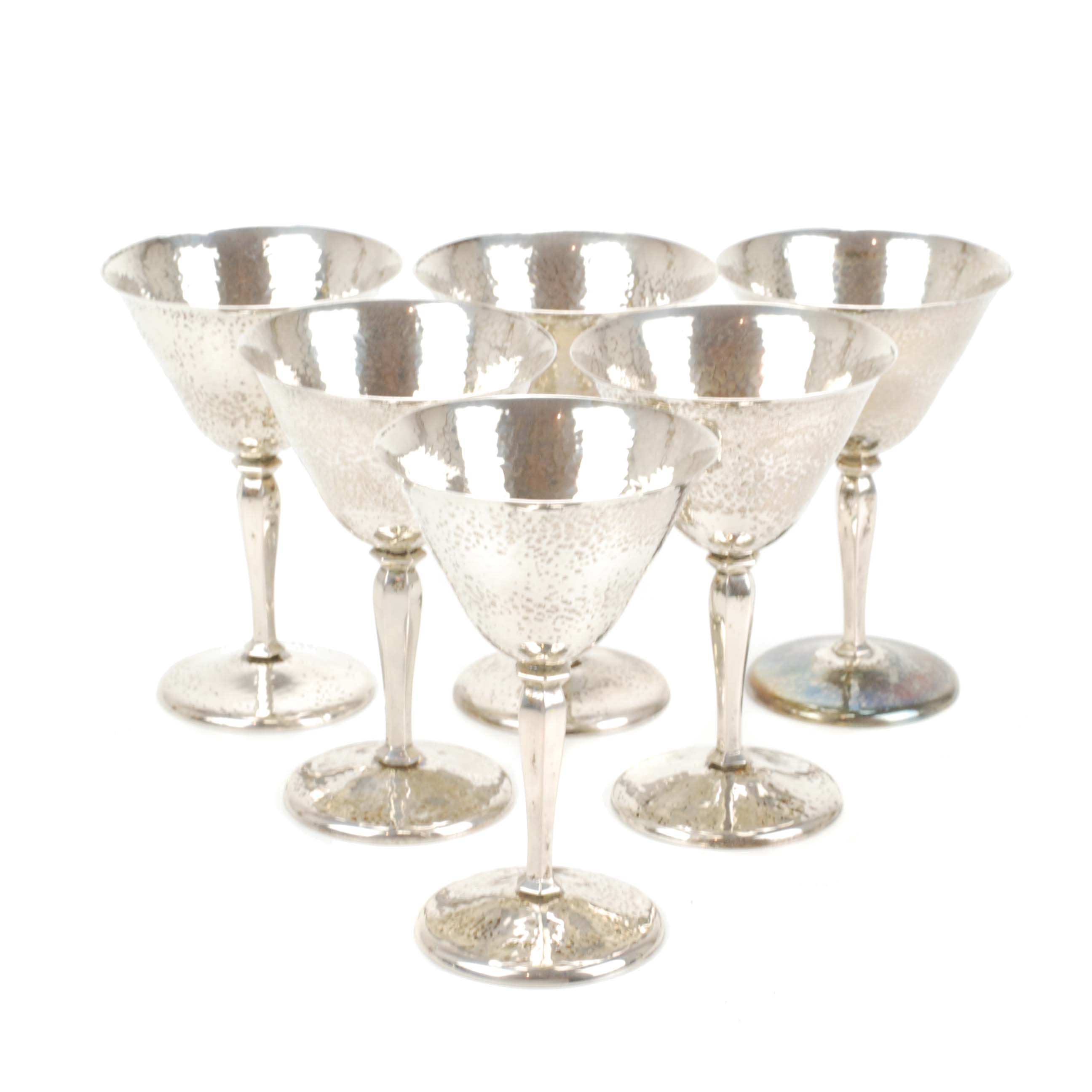 SIX GOBLETS  IN "HAMMERED" SILVER, MID  C20th