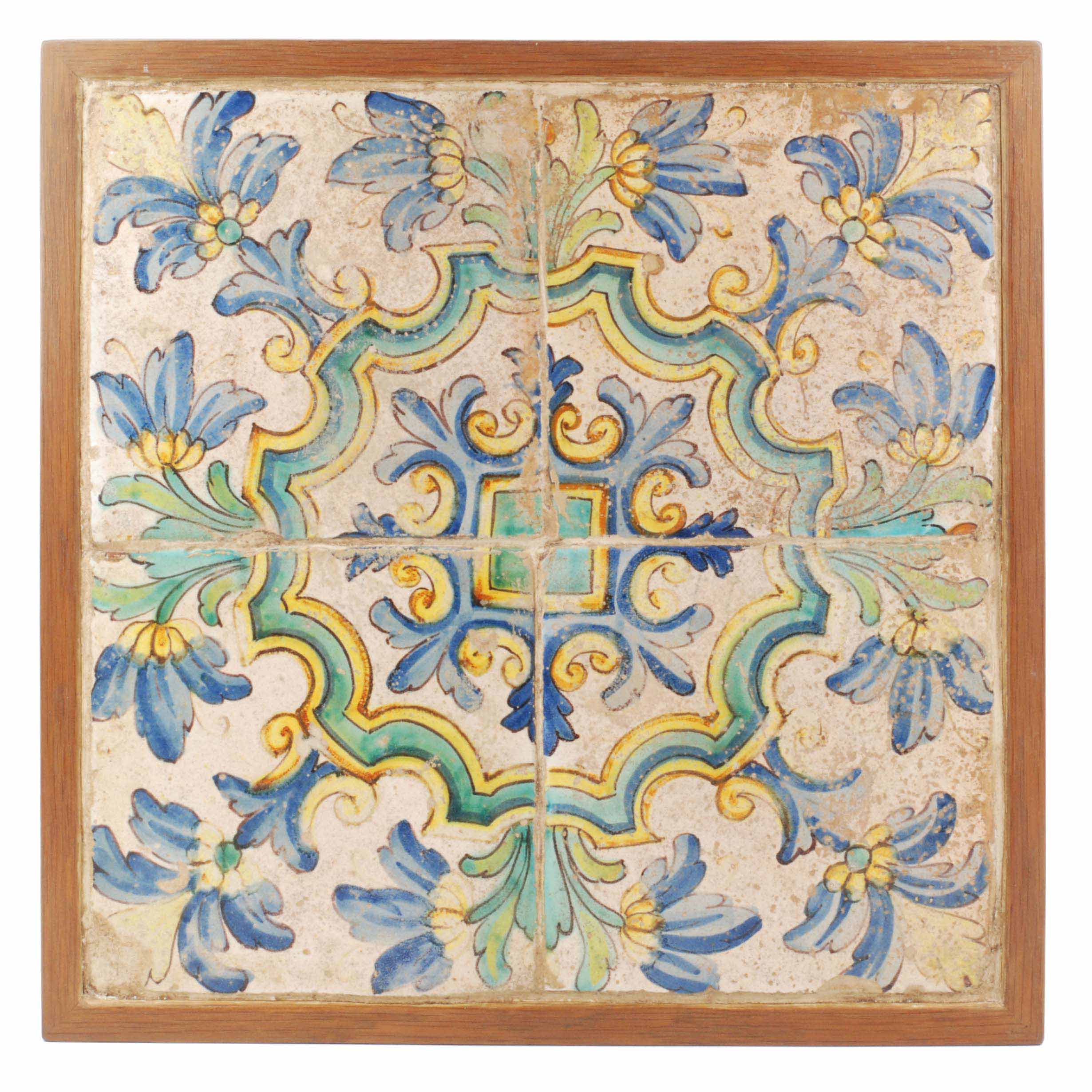 PANEL OF FOUR CATALAN "SAMPLE" TILES, 18TH CENTURY.