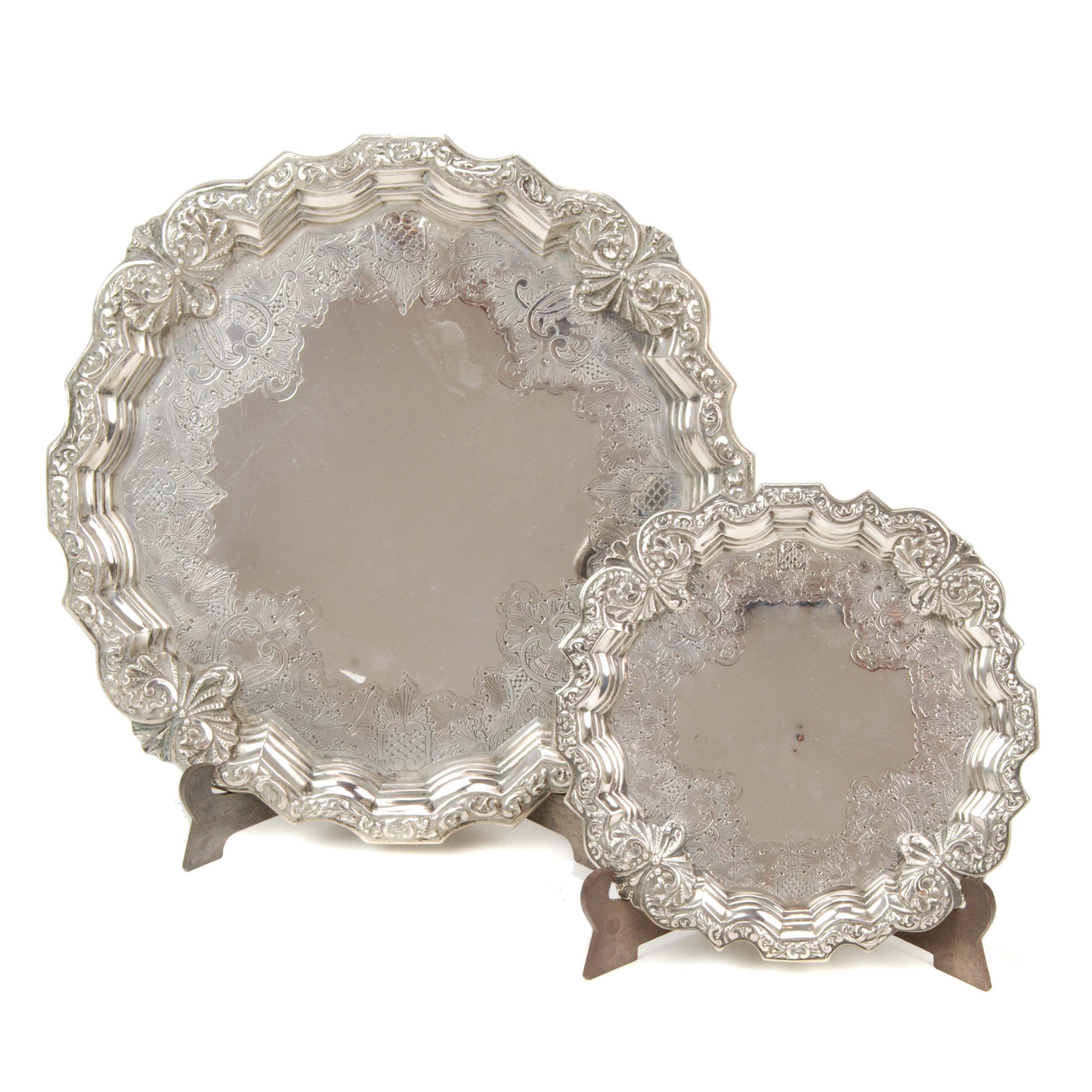 SET OF ENGRAVED SILVER PORTUGUESE TRAYS, ESRLY C20th