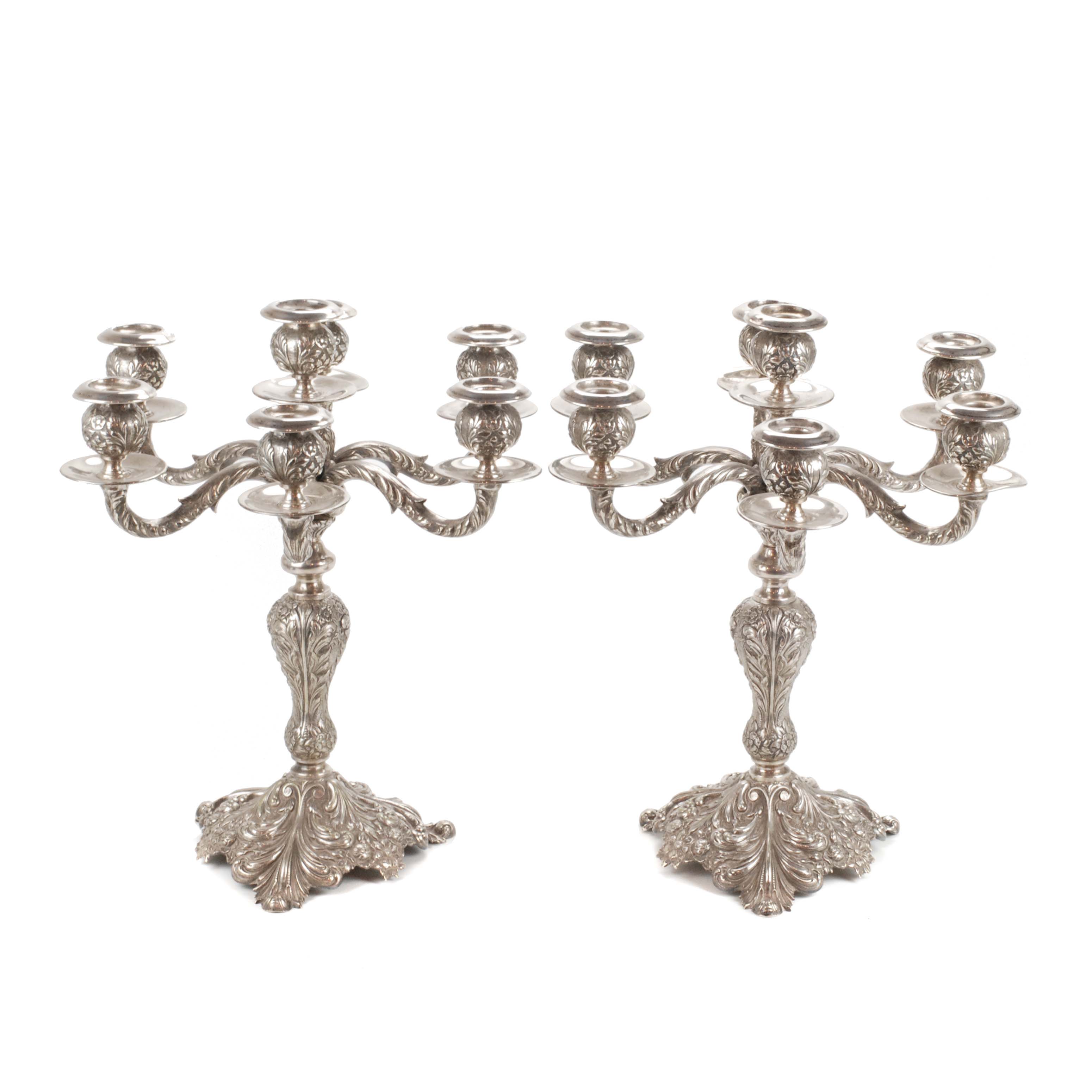 PAIR OF SPANISH SILVER CANDELABRAS, MID C20th.