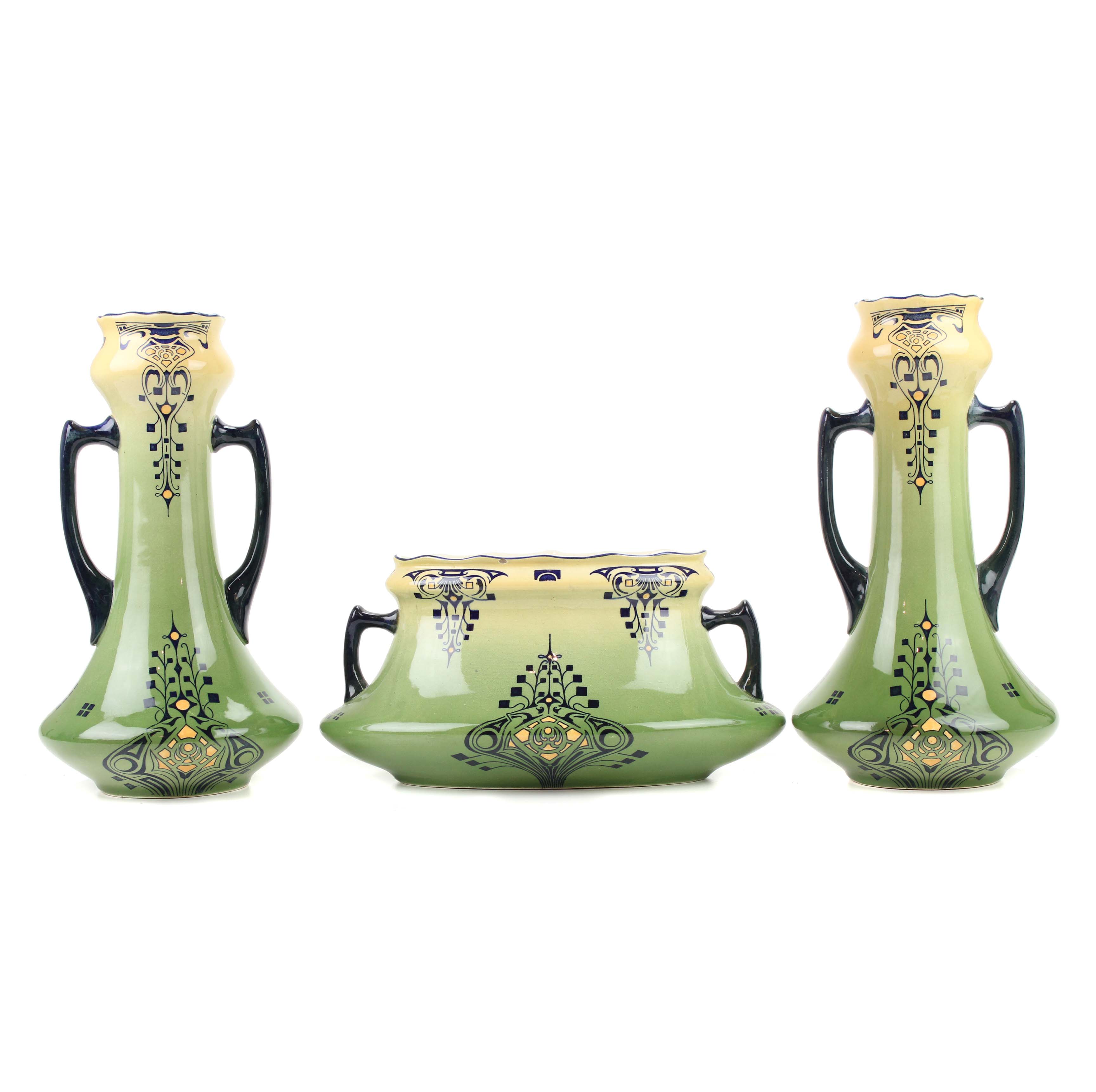 FAÏENCERIE DE FIVES. ART NOUVEAU VASES AND  CENTRE PIECE, L