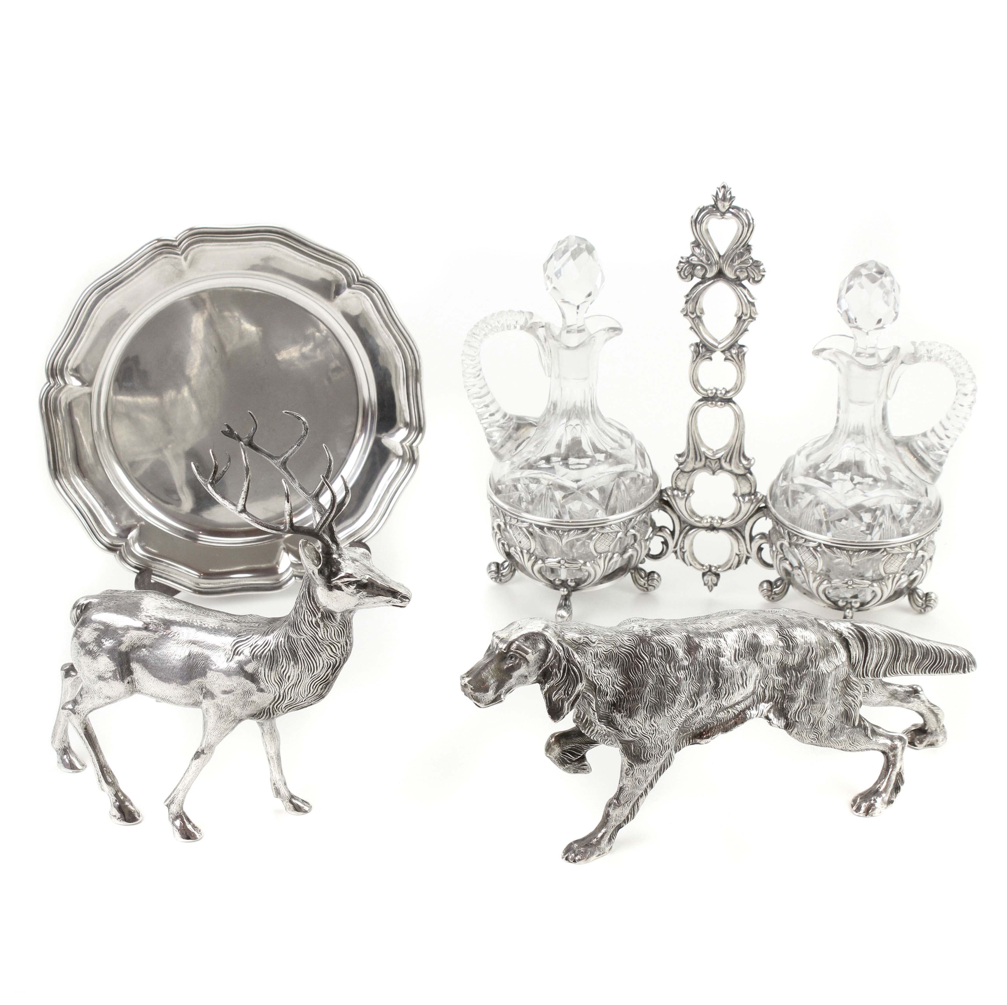 SPANISH CRUET OF VINAIGRETTE BOTTLES, PLATE, DOG AND STAG,