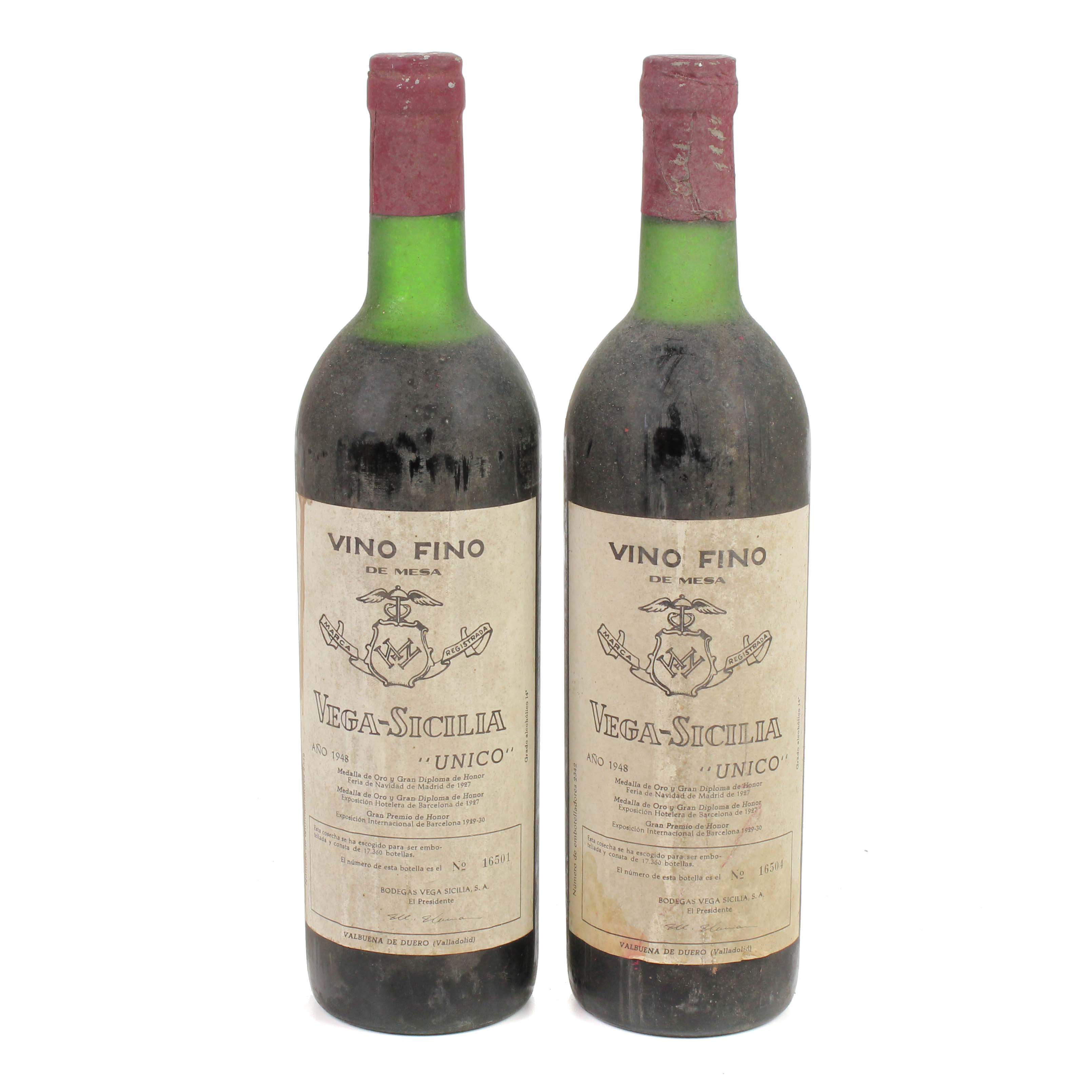 DOS BOTELLAS DE 1948, VEGA SICILIA, UNICO, ESPAÑA.