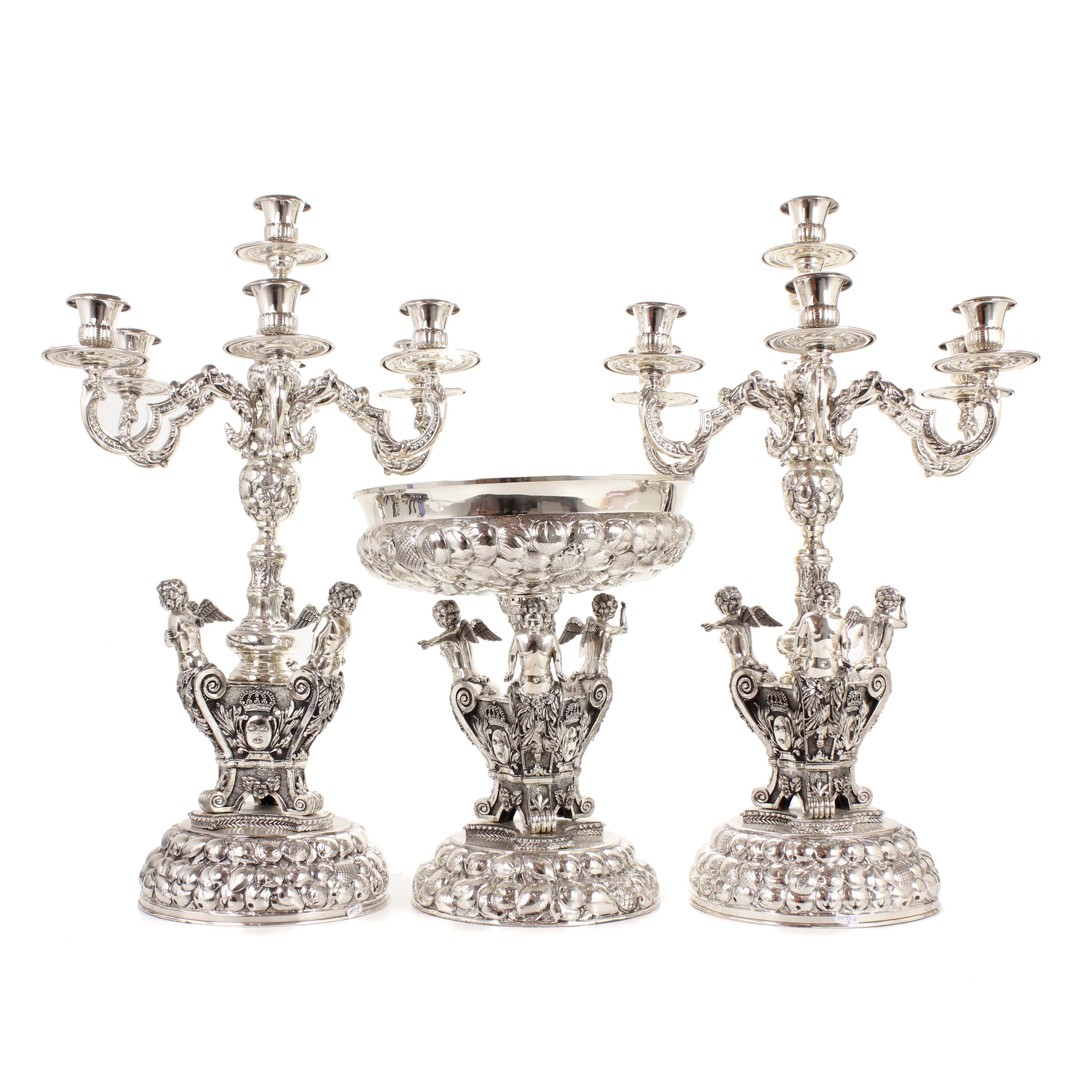SILVER DECORATIVE CENTRE PIECE AND PAIR OF CANDELABRAS, MID