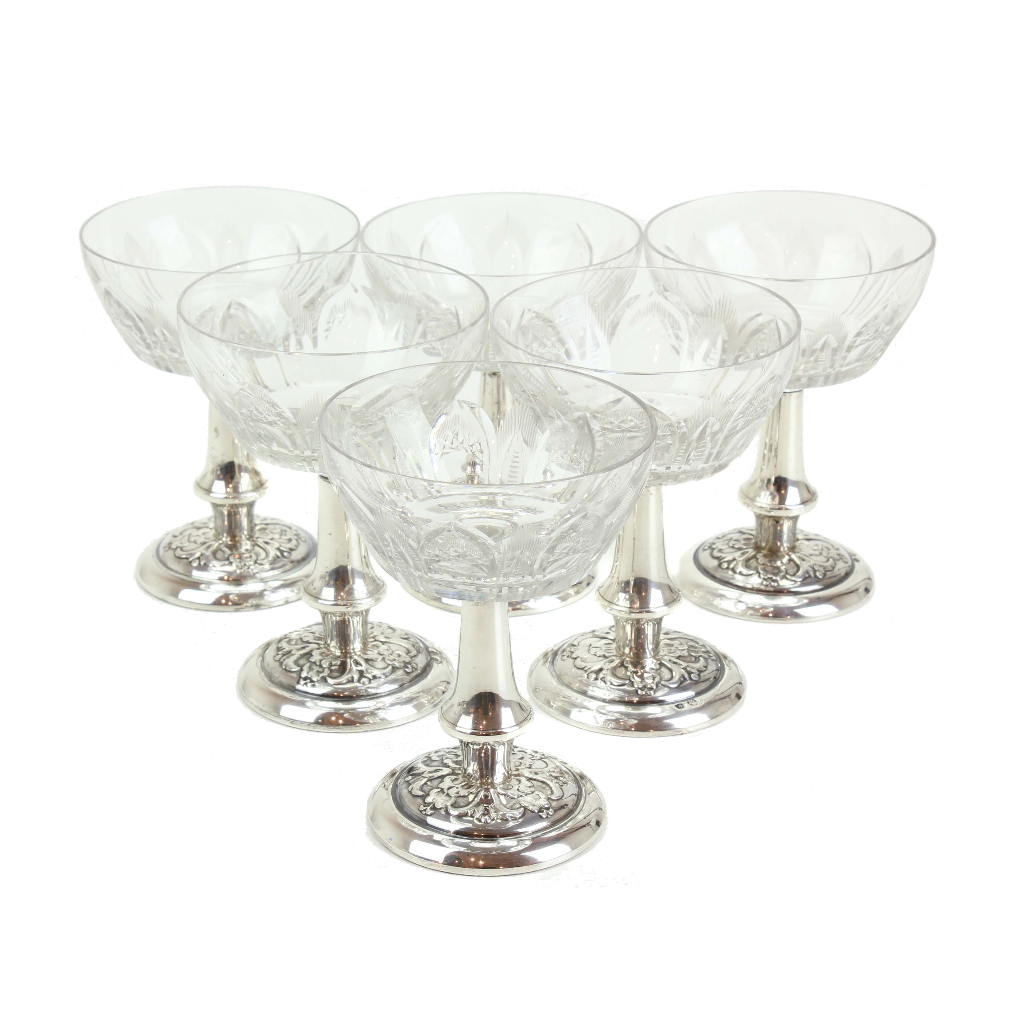 SET OF SIX SPANISH SILVER CAVA GLASSES,  MID C20th.