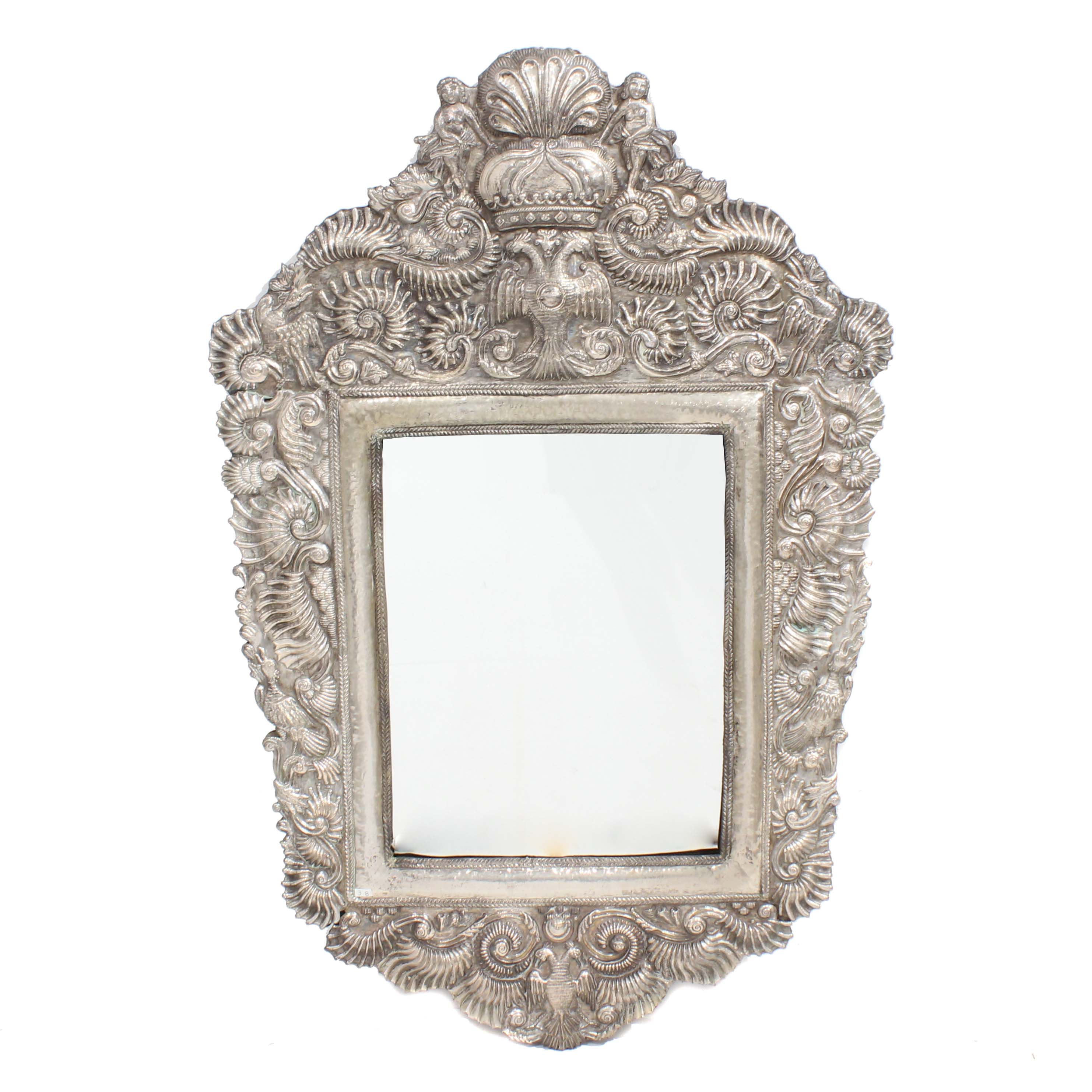 WALL MIRROR WITH SILVER FRAME, PROBABLY MEXICAN OR SOUTH AM