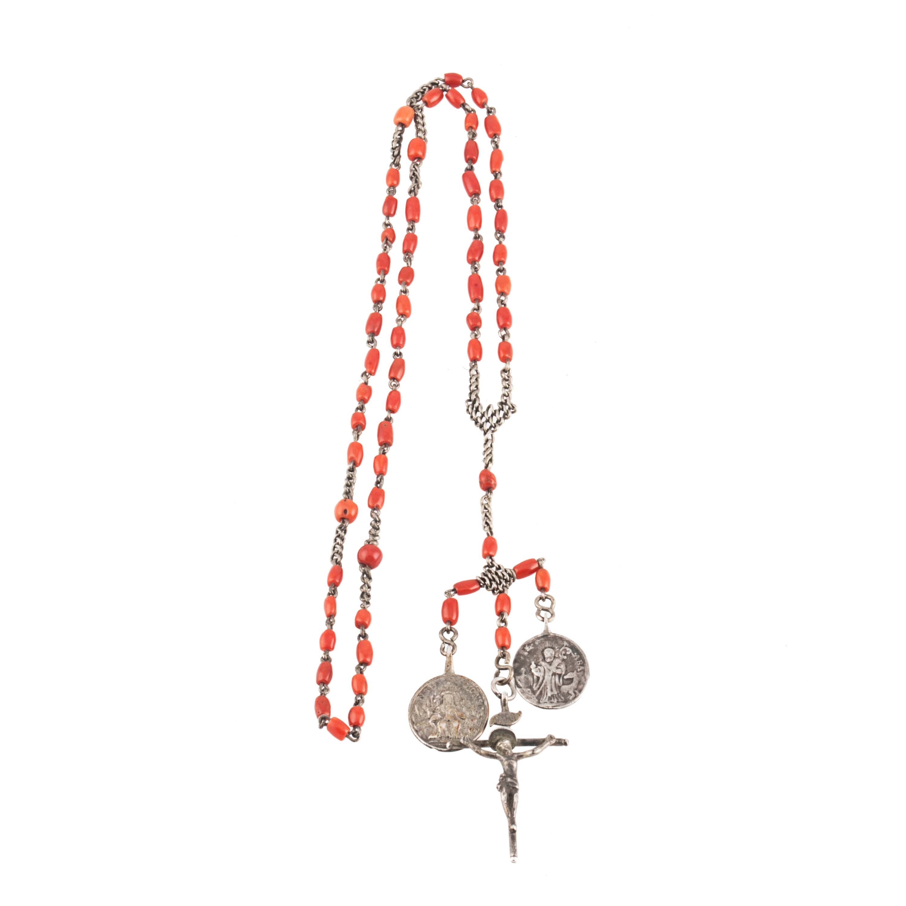 CORAL AND SILVER ROSARY.