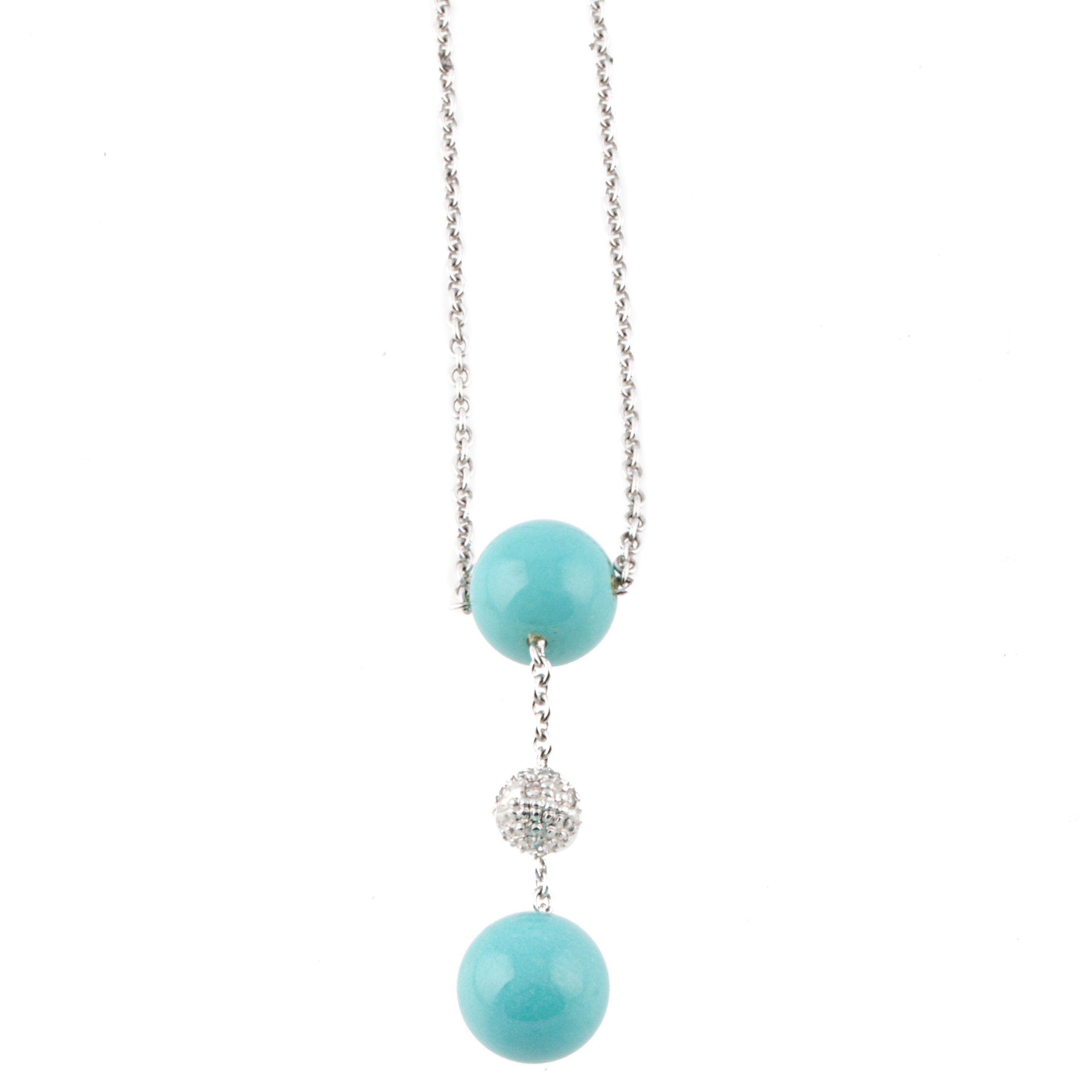 WHITE GOLD NECKLACE WITH TWO TURQUOISE SPHERES.