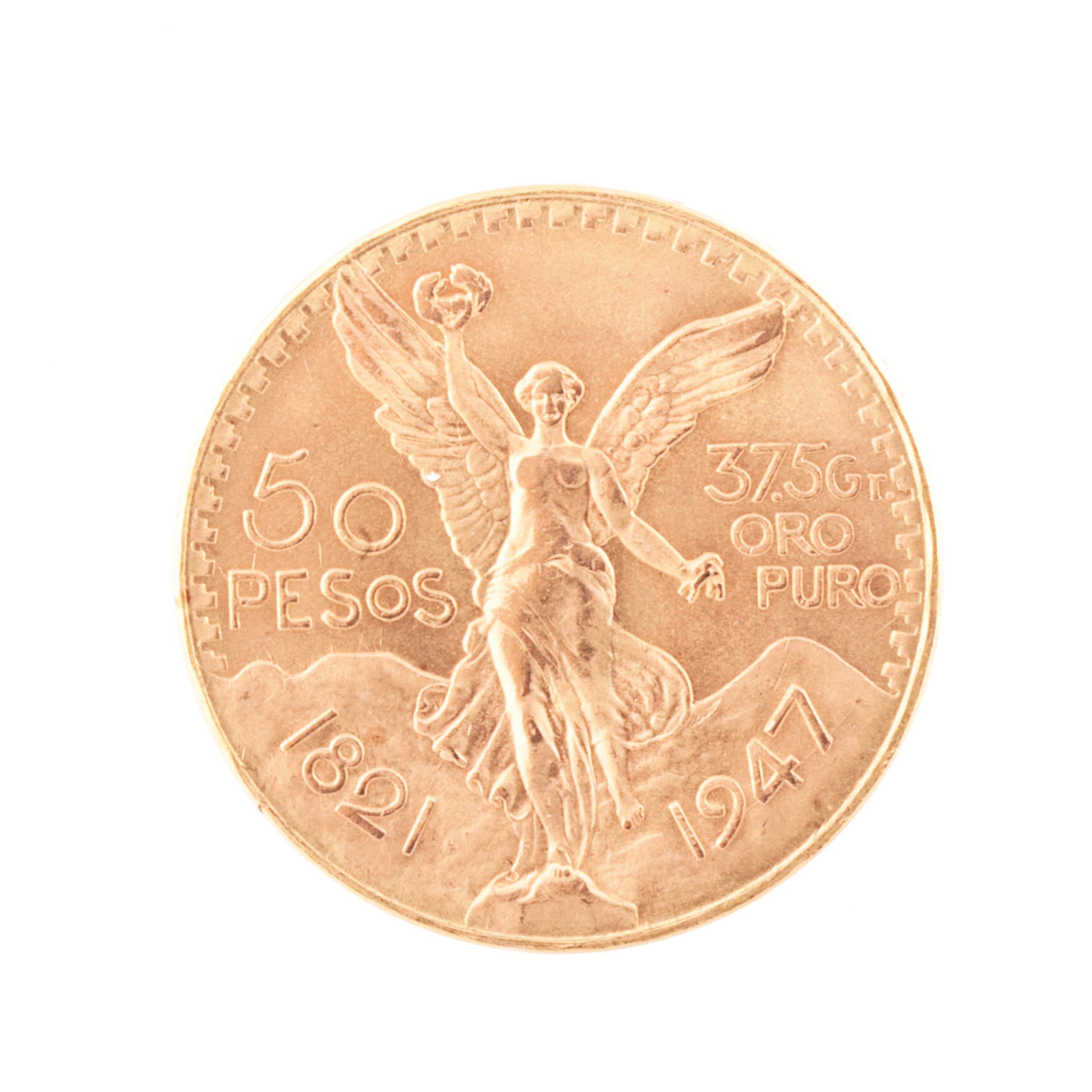 MEXICAN FIFTY PESO GOLD COIN.