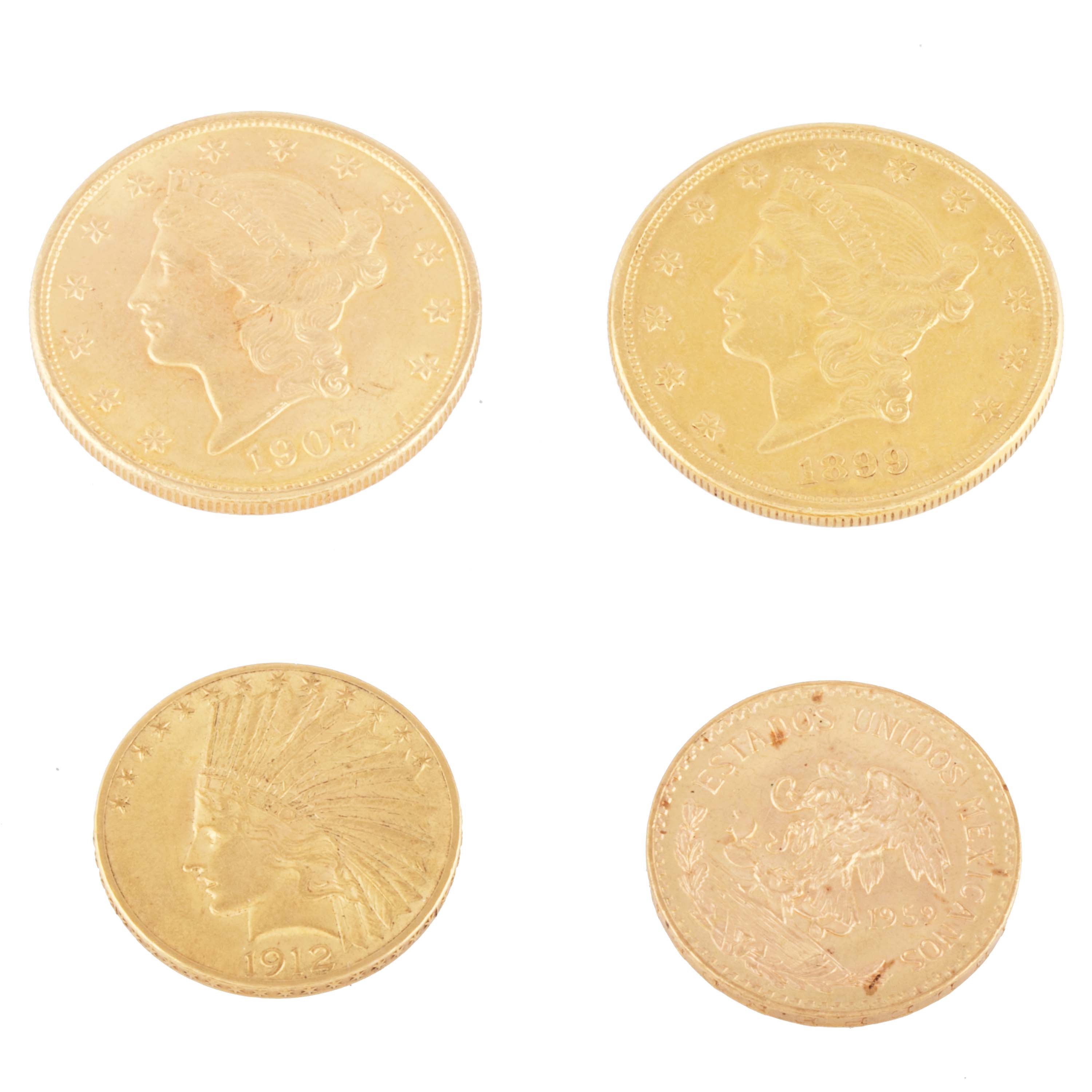 TRES MONEDAS EN ORO AMERICANAS Y UNA MEXICANA.