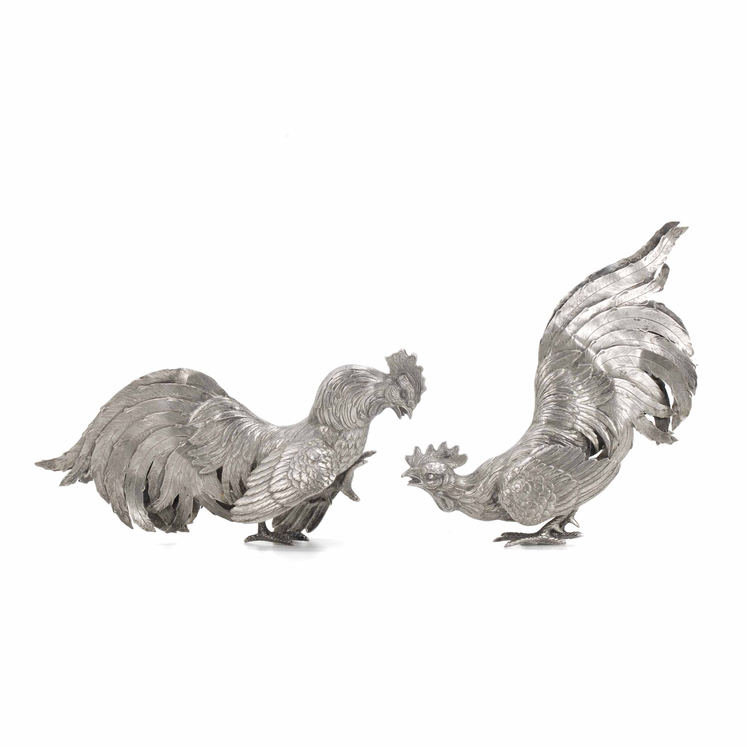 PAIR OF SILVER ROOSTERS, 20TH CENTURY. 