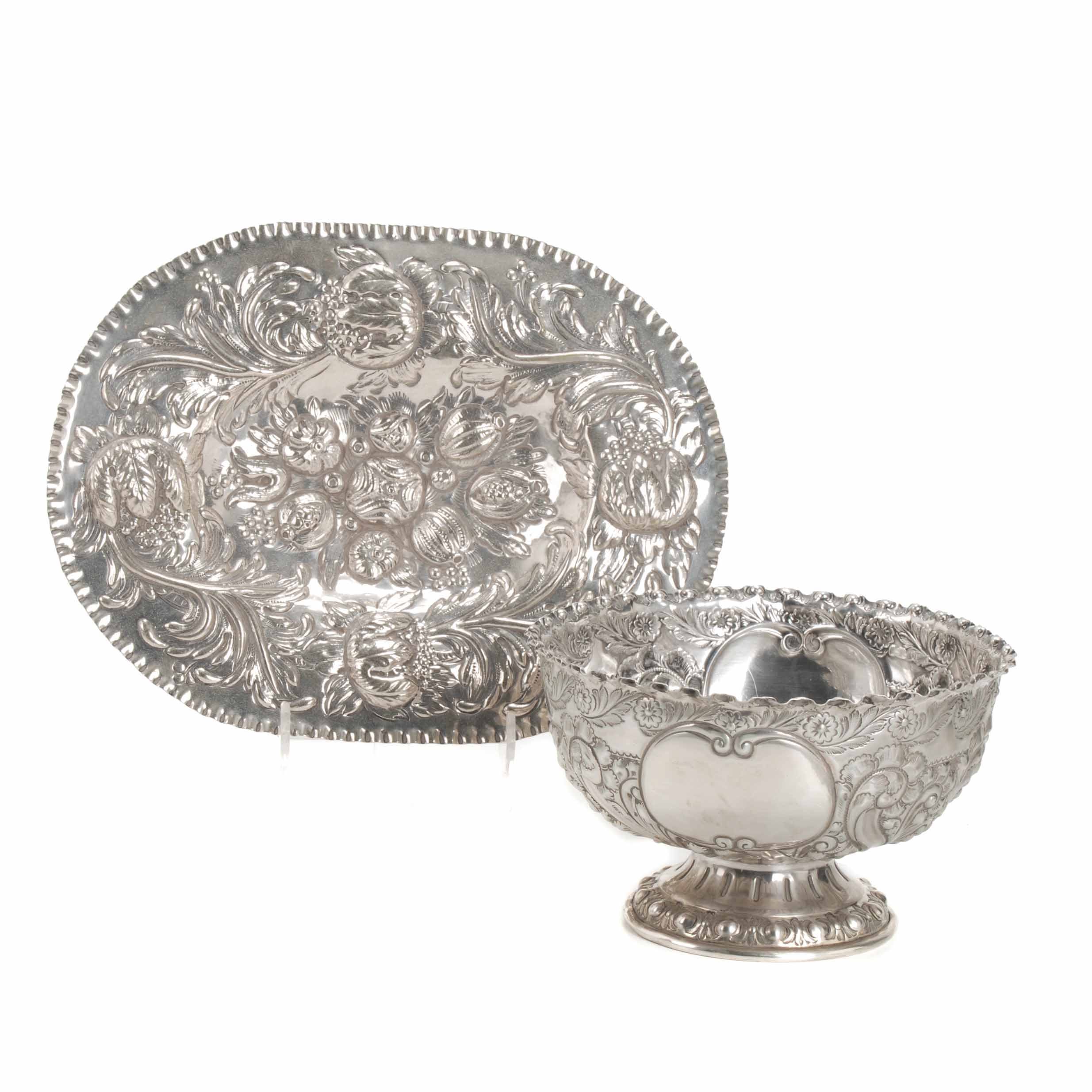 ENGLISH FRUIT BOWL AND SILVER TRAY, PROBABLY SOUTH AMERICAN