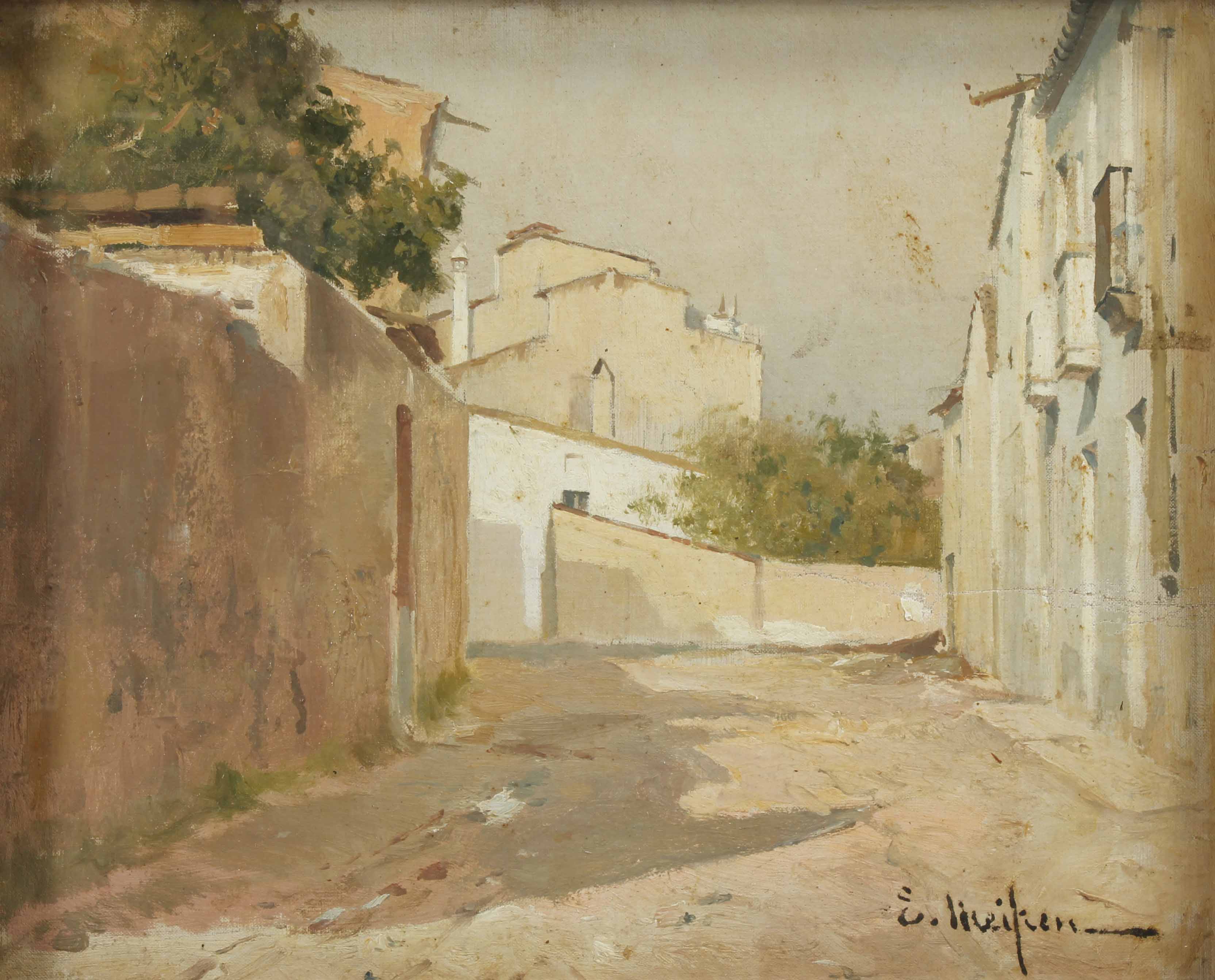 ELISEU MEIFRÉN ROIG (1859-1940). "VISTA DE UN PUEBLO, PROBA