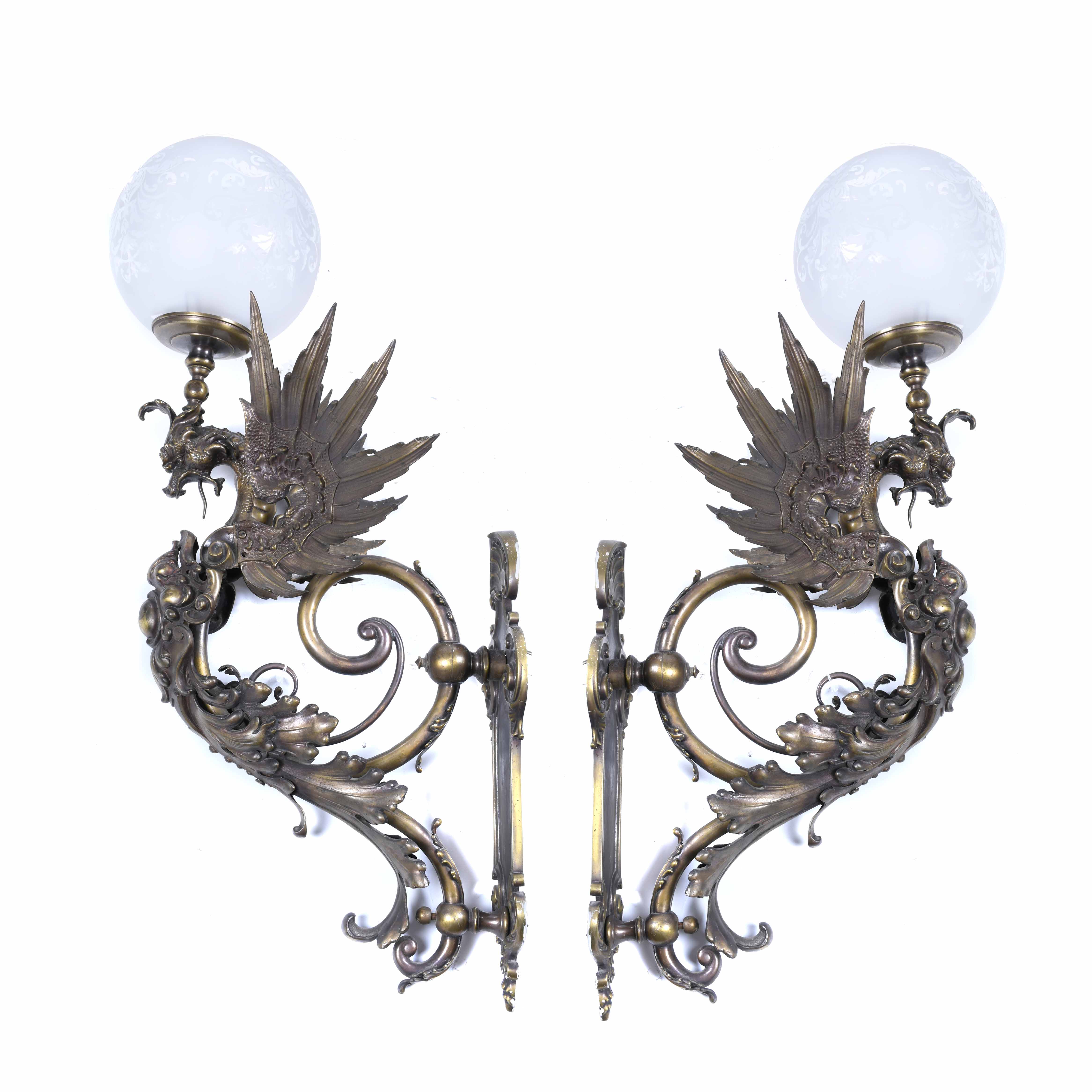 PAIR OF MODERNIST LARGE WALL LAMPS IN THE SHAPE OF DRAGONS,
