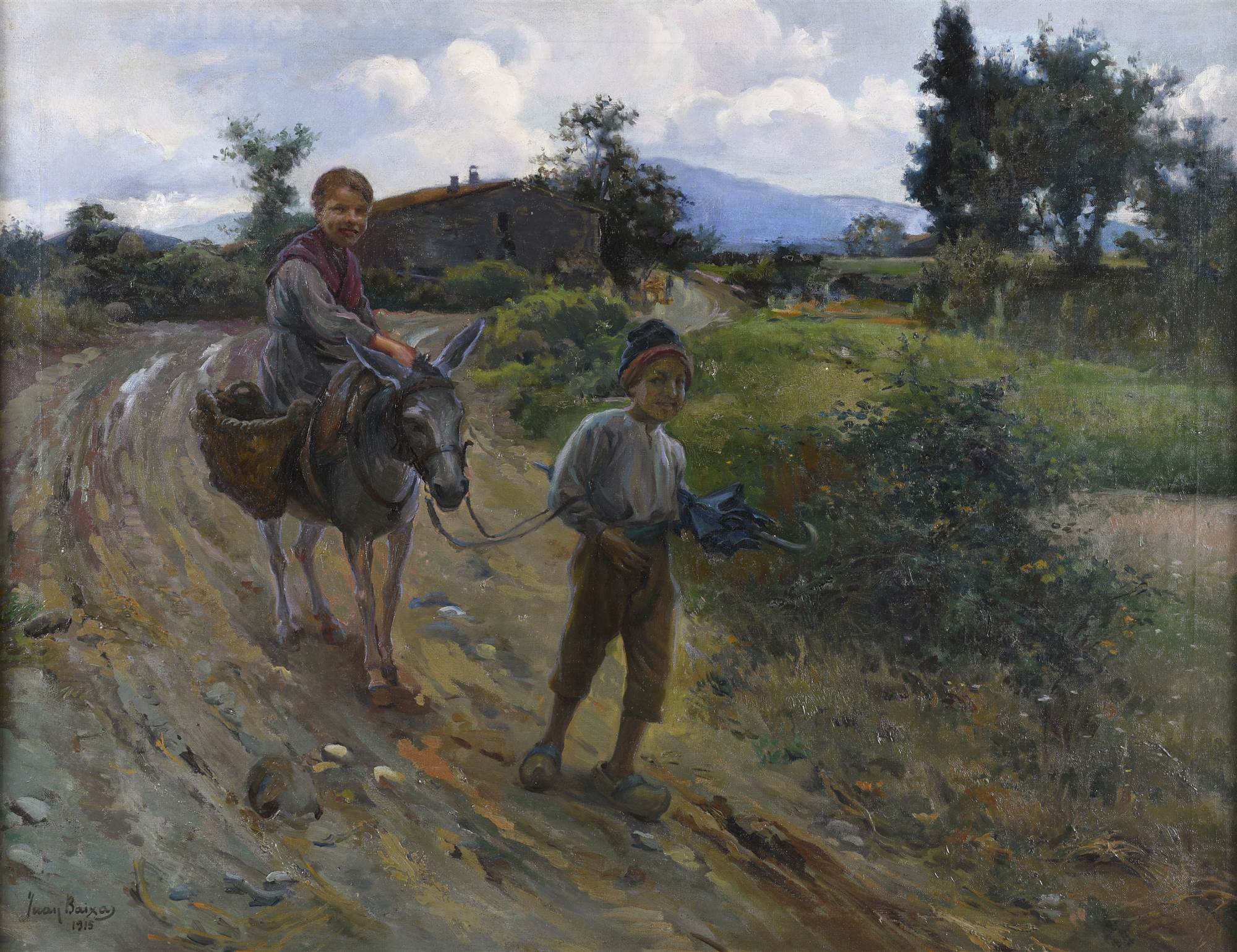 JOAN BAIXAS I CARRETER (1863-1925). "CHILDREN WITH A DONKEY