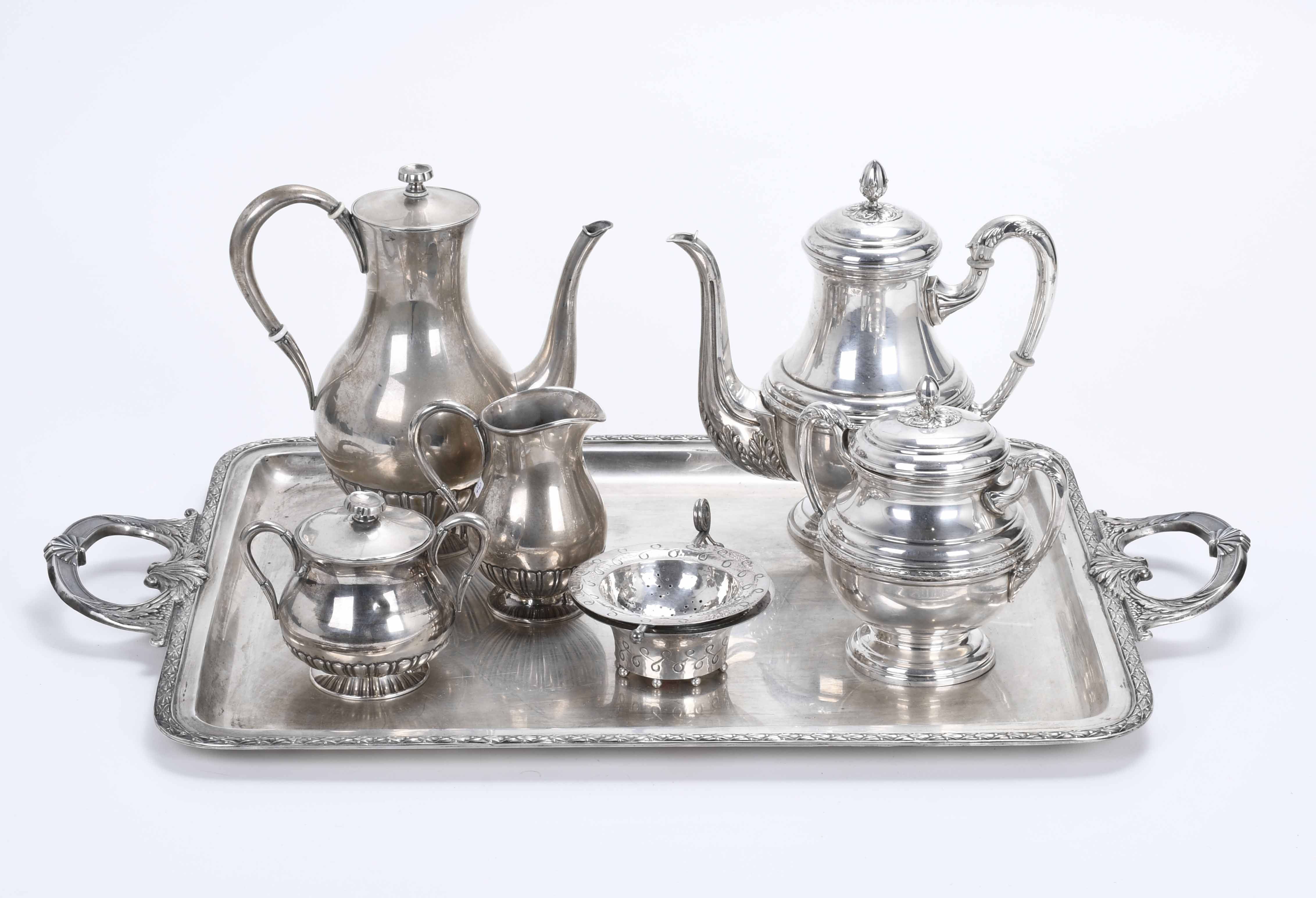 SPANISH COFFEE AND TEA SET FROM DIFFERENT MODELS IN SILVER,