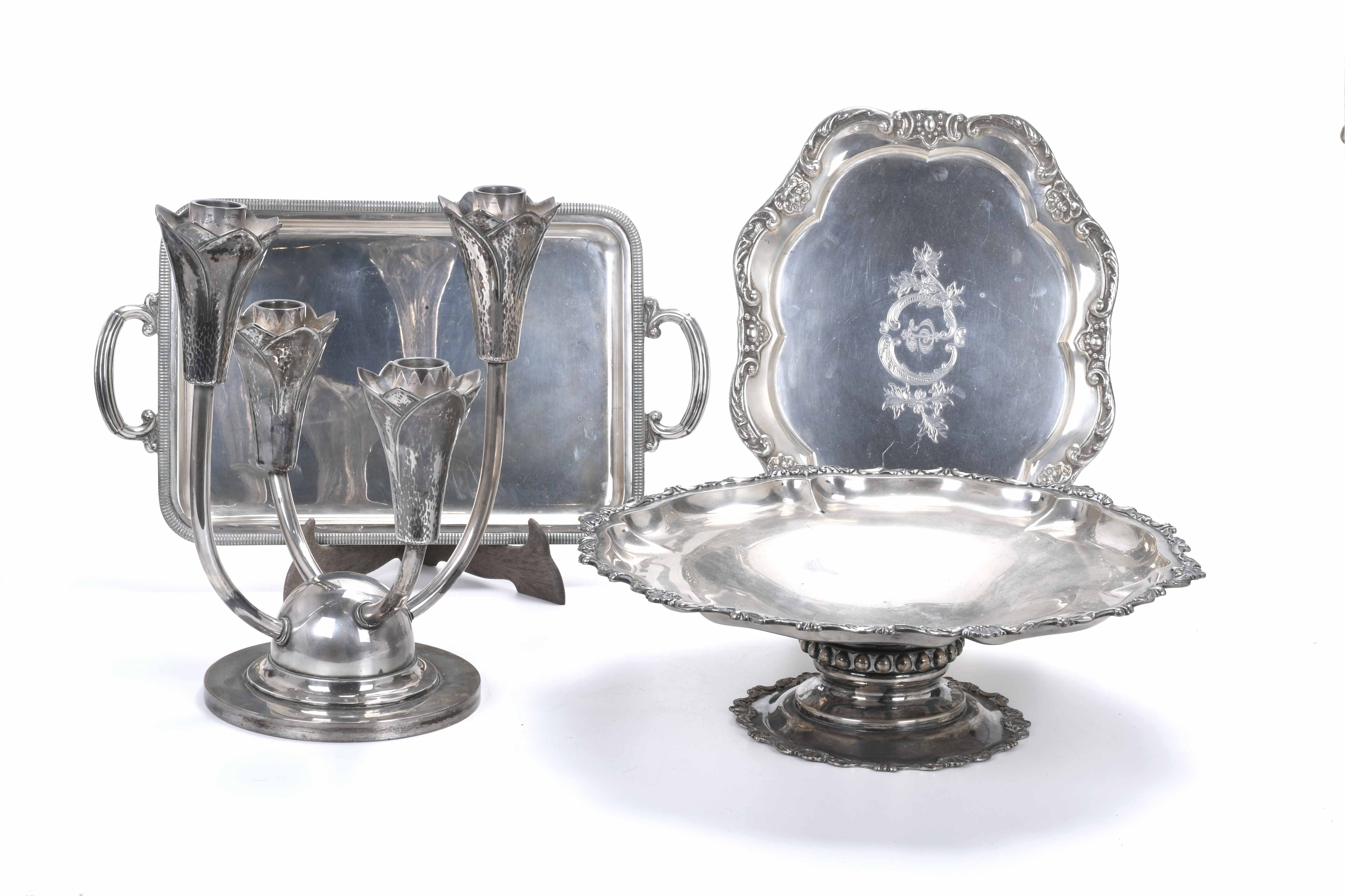 CENTREPIECE, CANDLESTICK AND TWO SPANISH TRAYS IN SILVER, M