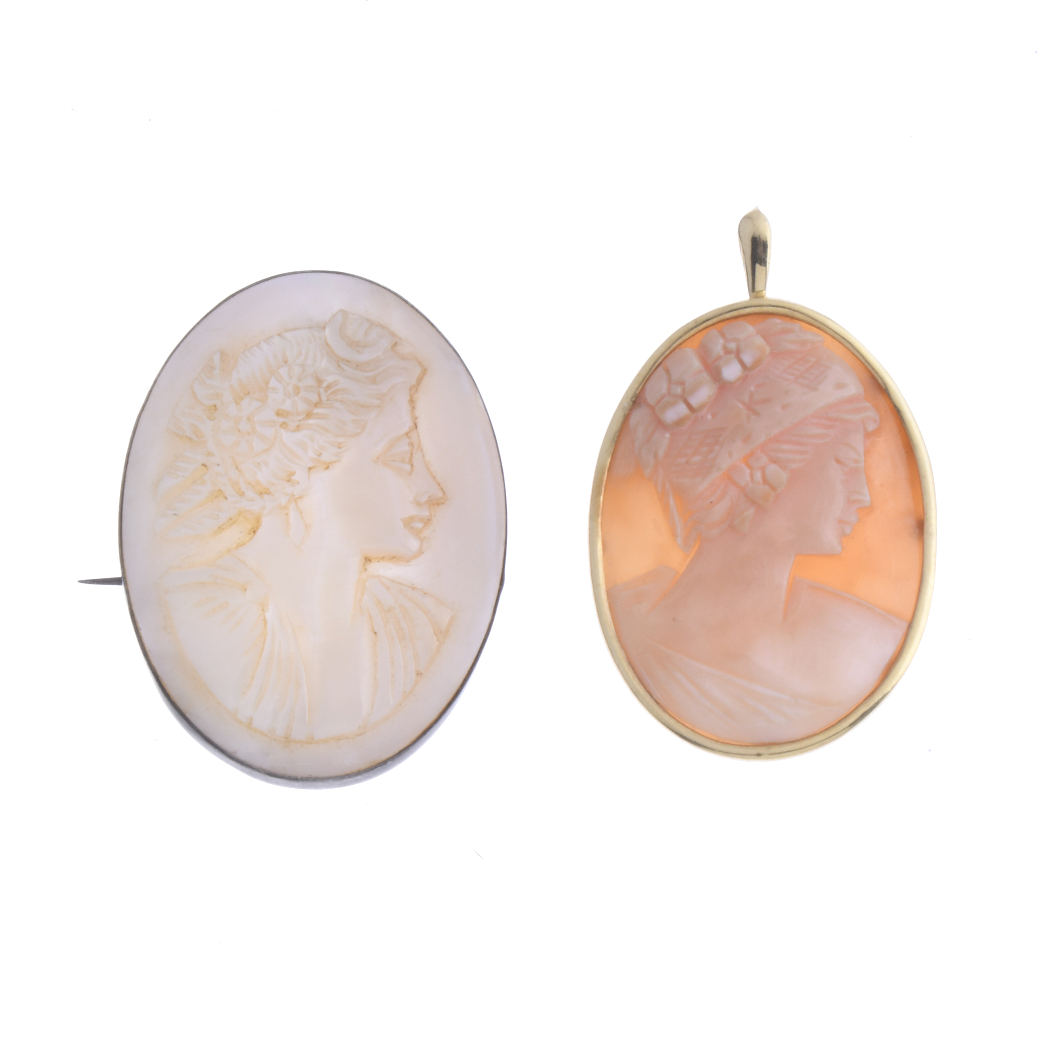 TWO CAMEO PENDANT BROOCHES.