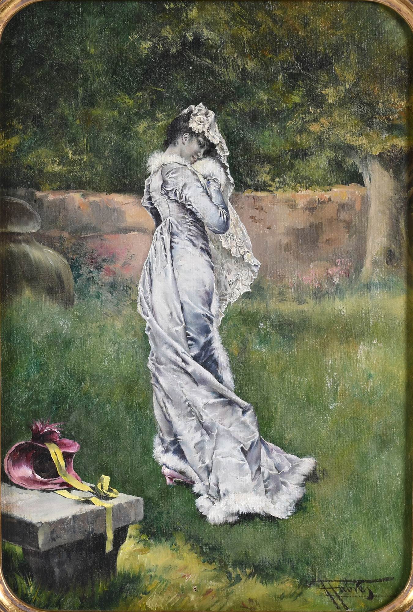 ANTONIO FABRÉS (1854-1938). "DAMA EN EL JARDÍN".