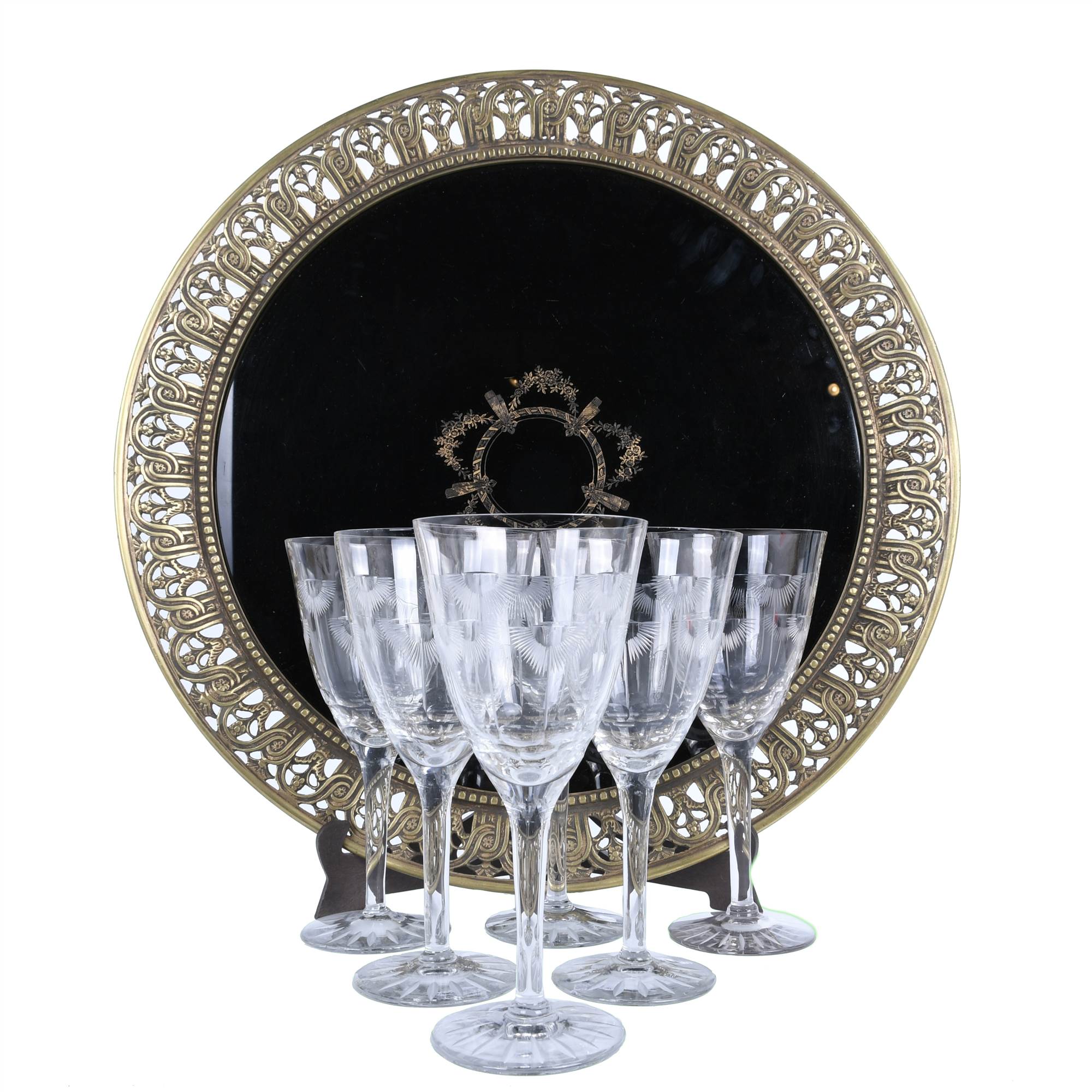 SET OF SIX ART DECO GOBLETS AND ART NOUVEAU TRAY, FIRST HAL