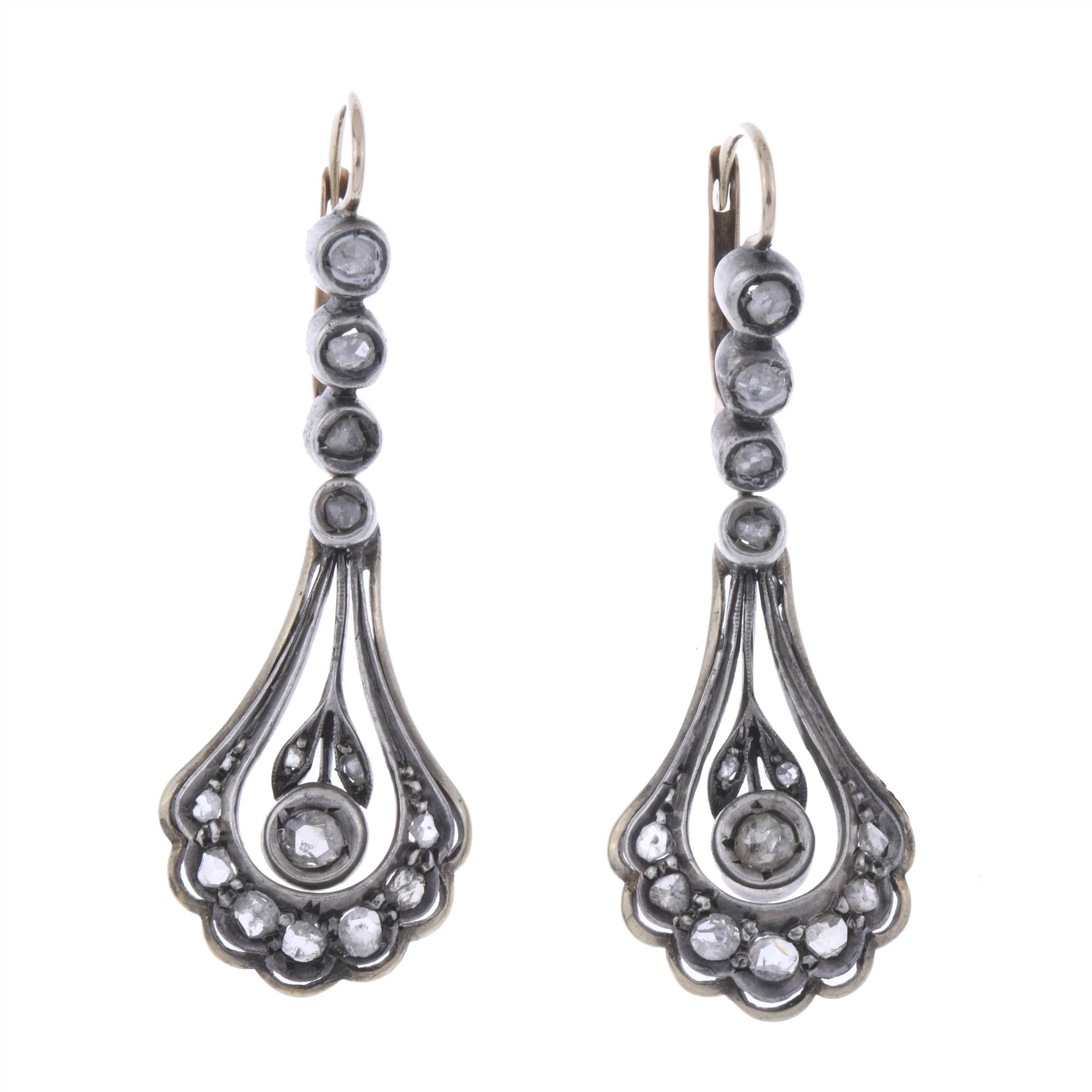 OLD STYLE EARRINGS IN YELLOW GOLD, SILVER AND DIAMONDS.