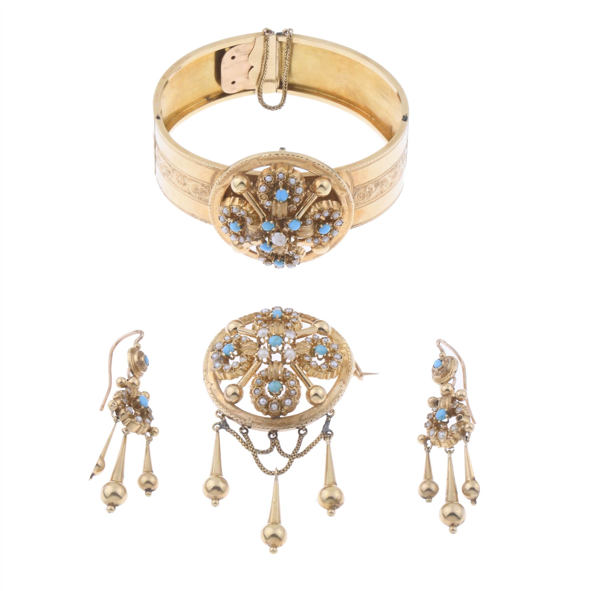 ALPHONSINE SET IN YELLOW GOLD WITH PEARLS AND TURQUOISES, L