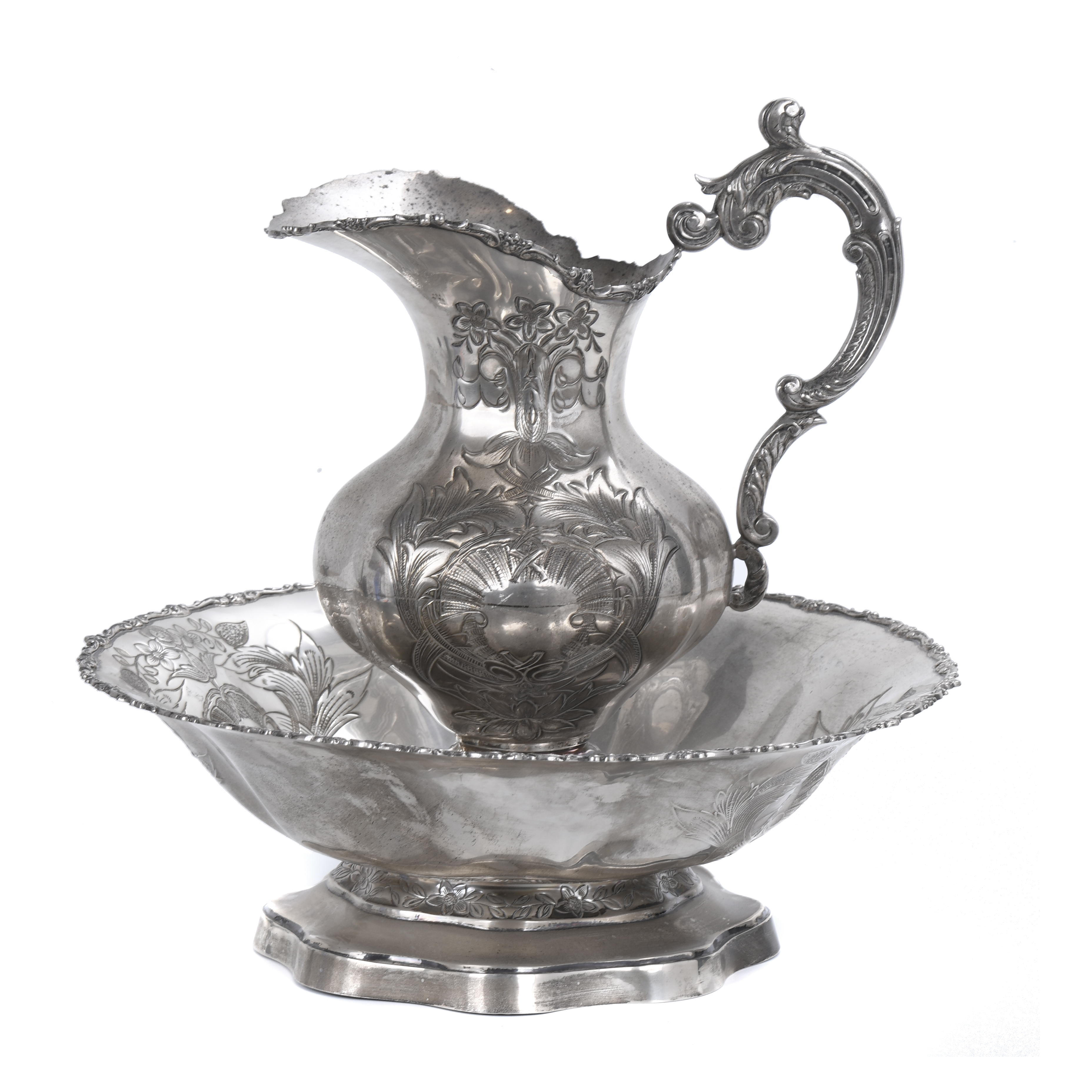 SPANISH JUG AND BASIN IN SILVER, MID 20TH CENTURY.