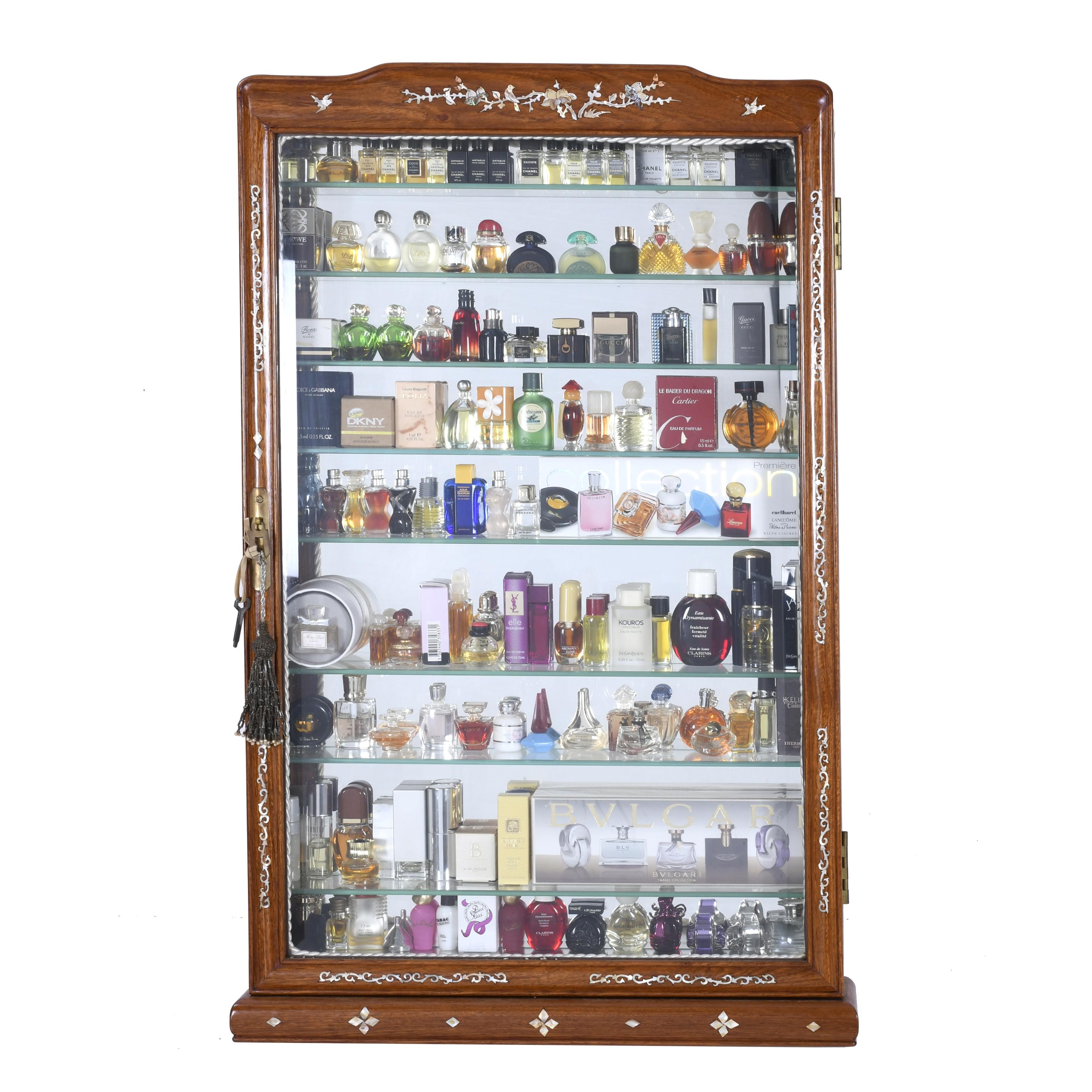 DISPLAY CABINET WITH A LARGE COLLECTION OF MINITURE PERFUME