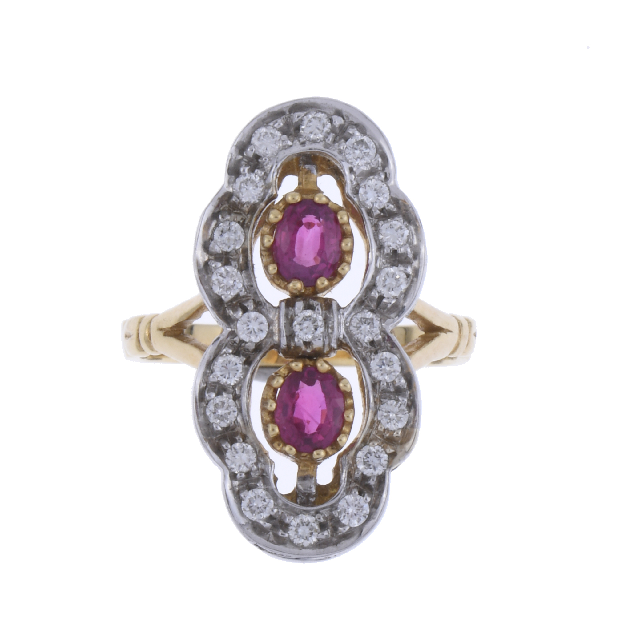 SHUTTLE RING WITH DIAMONDS AND RUBIES.