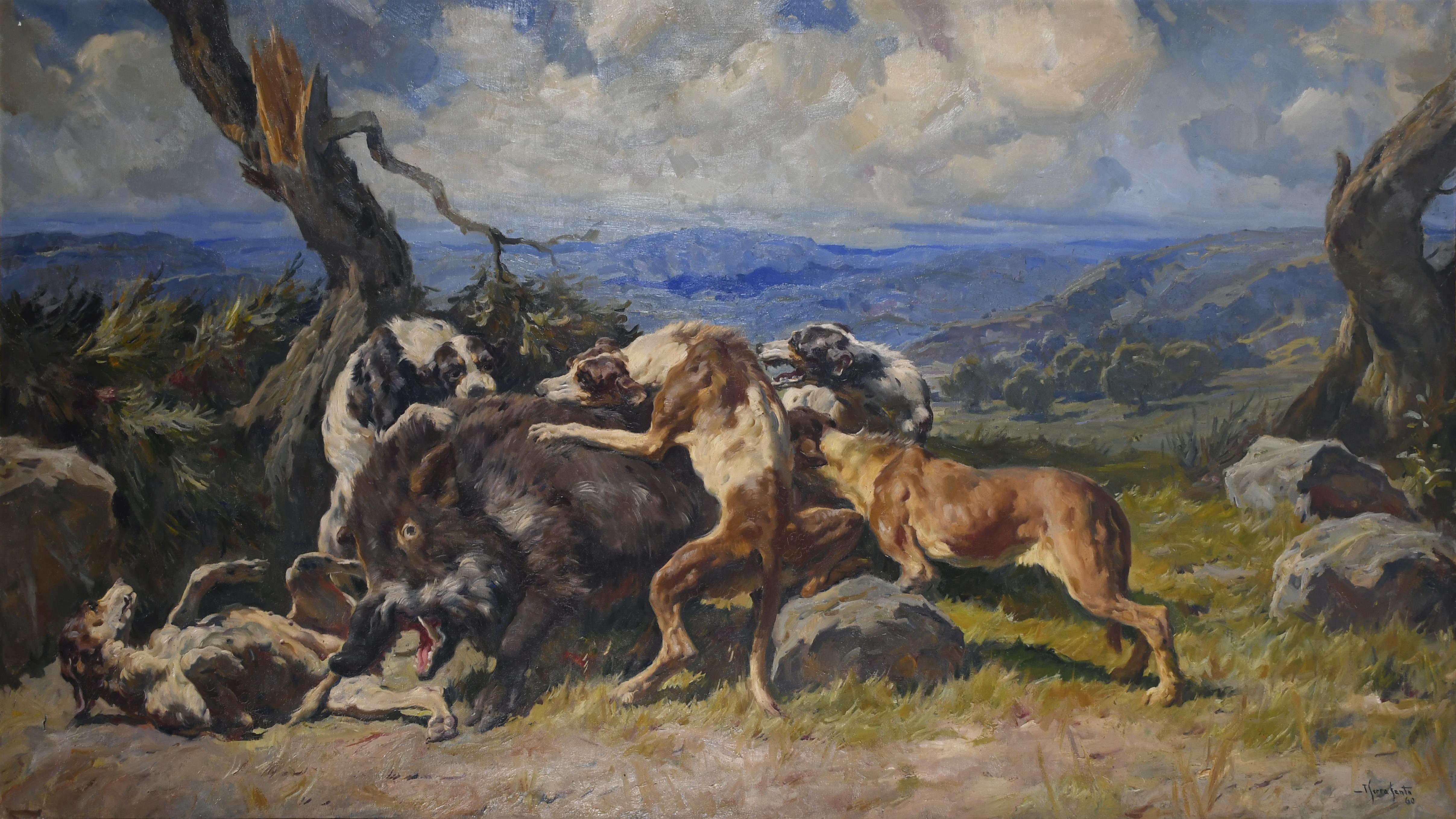 JOSEP SERRASANTA (1916-1998). "JAURÍA  ATACANDO AL JABALÍ",