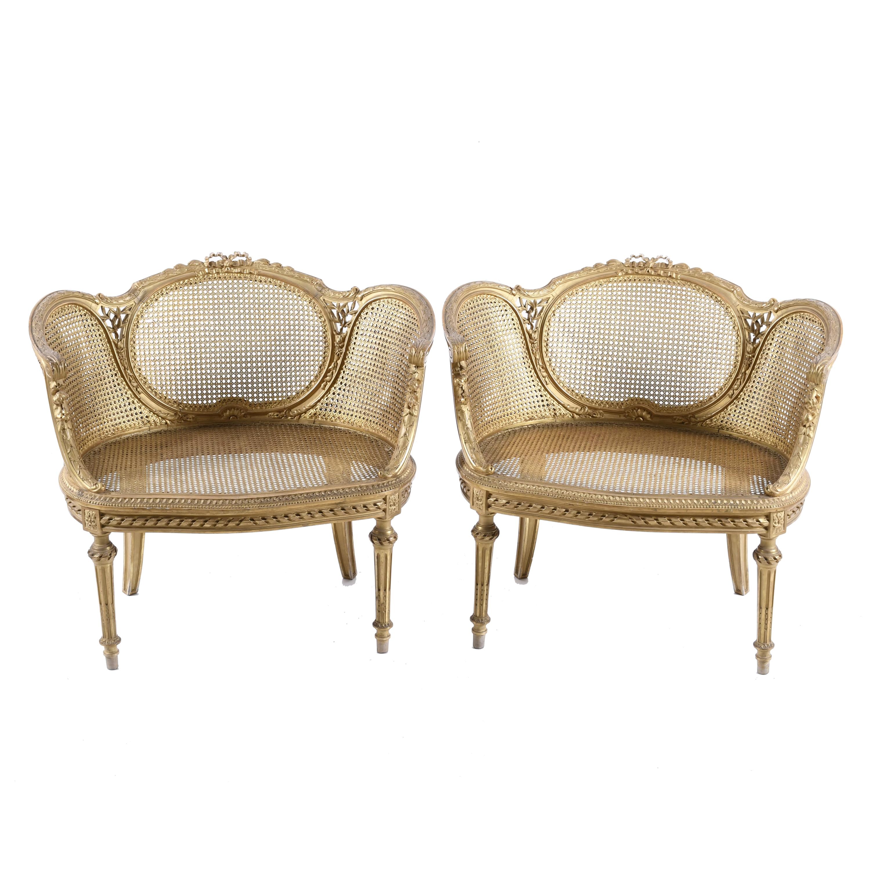 PAIR OF FRENCH "BERGÈRES" ARMCHAIRS, LOUIS XVI STYLE, SECON
