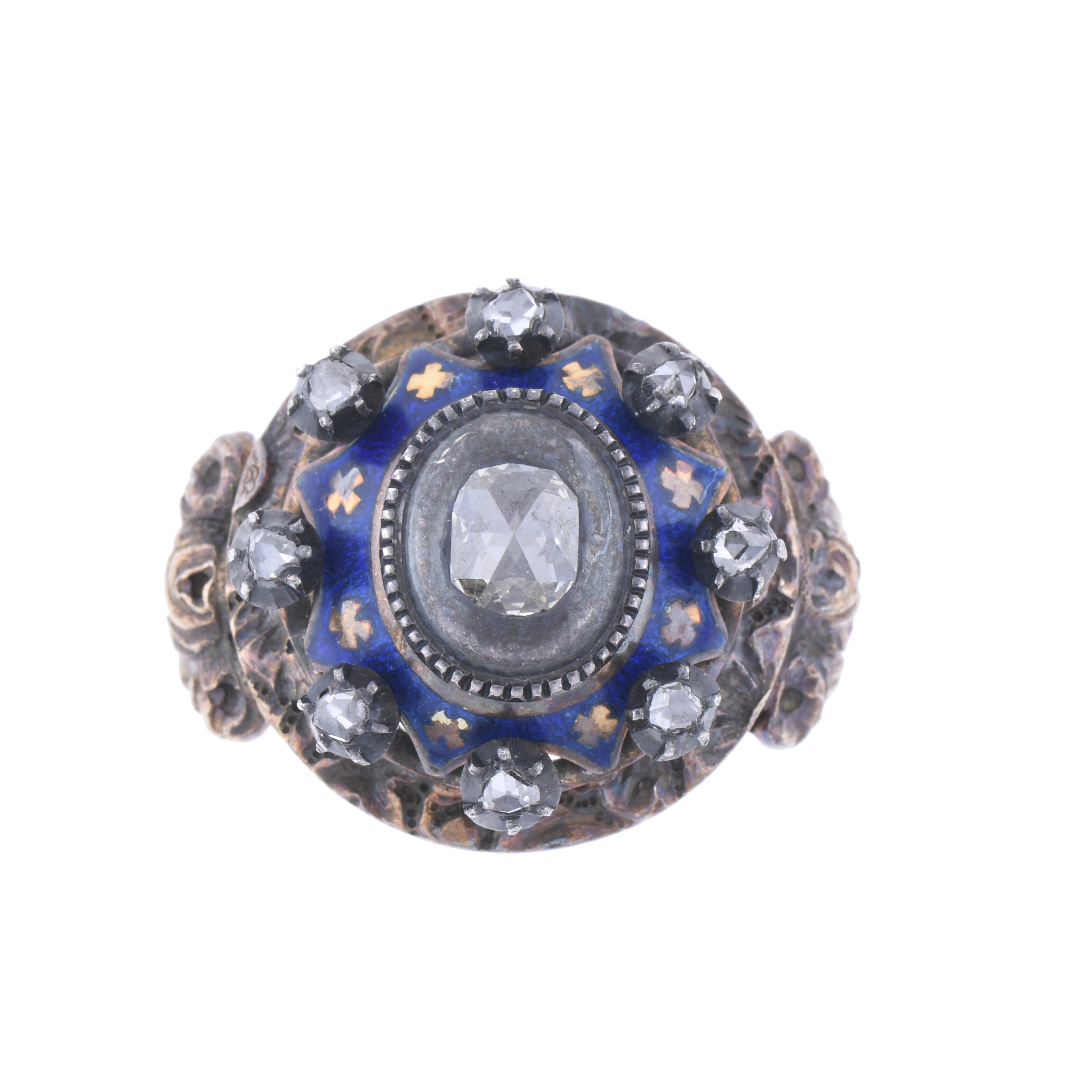 OLD RING WITH ENAMEL AND DIAMONDS.