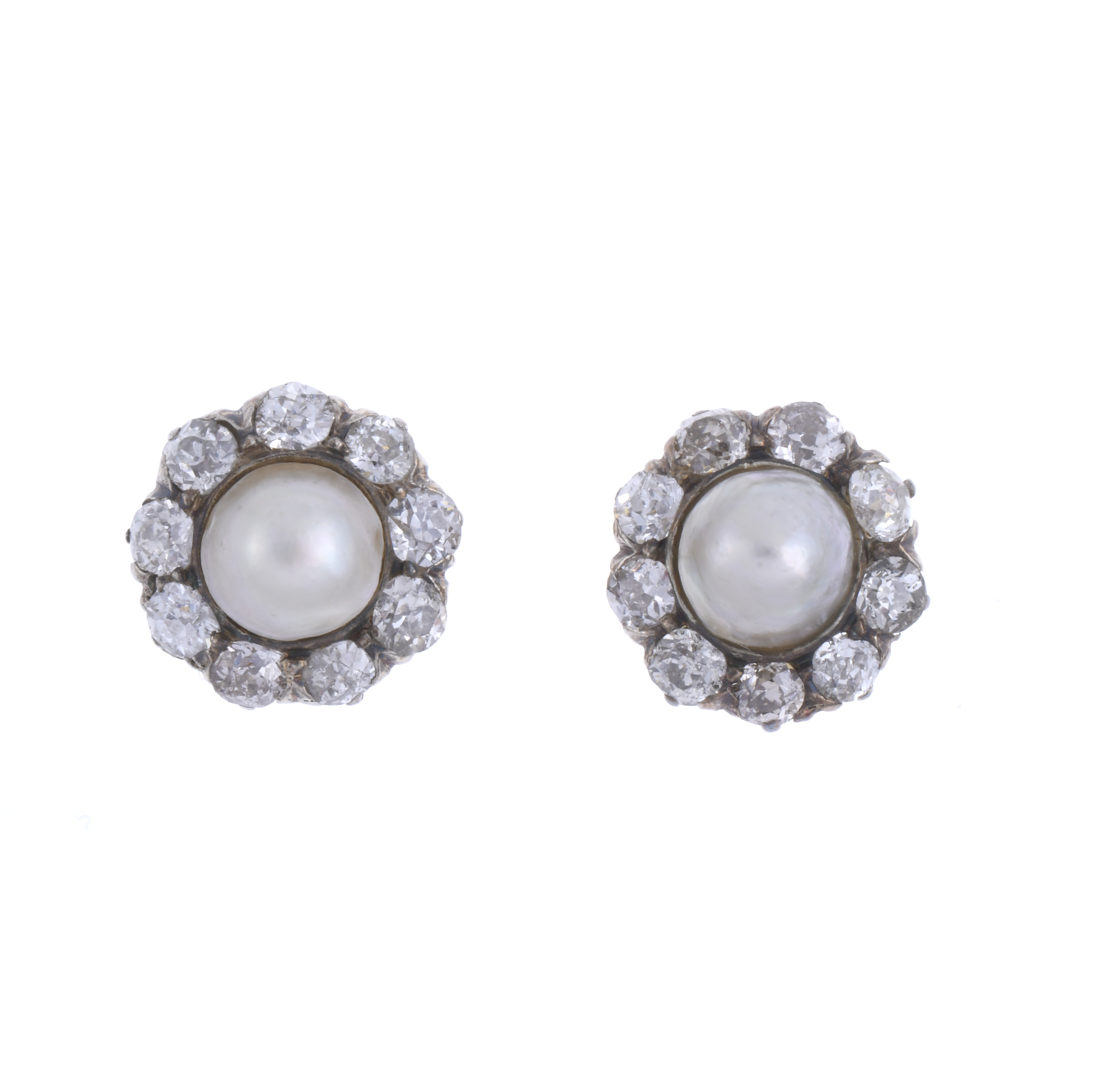 ANTIQUE DIAMONDS AND PEARLS ROSETTE EARRINGS.