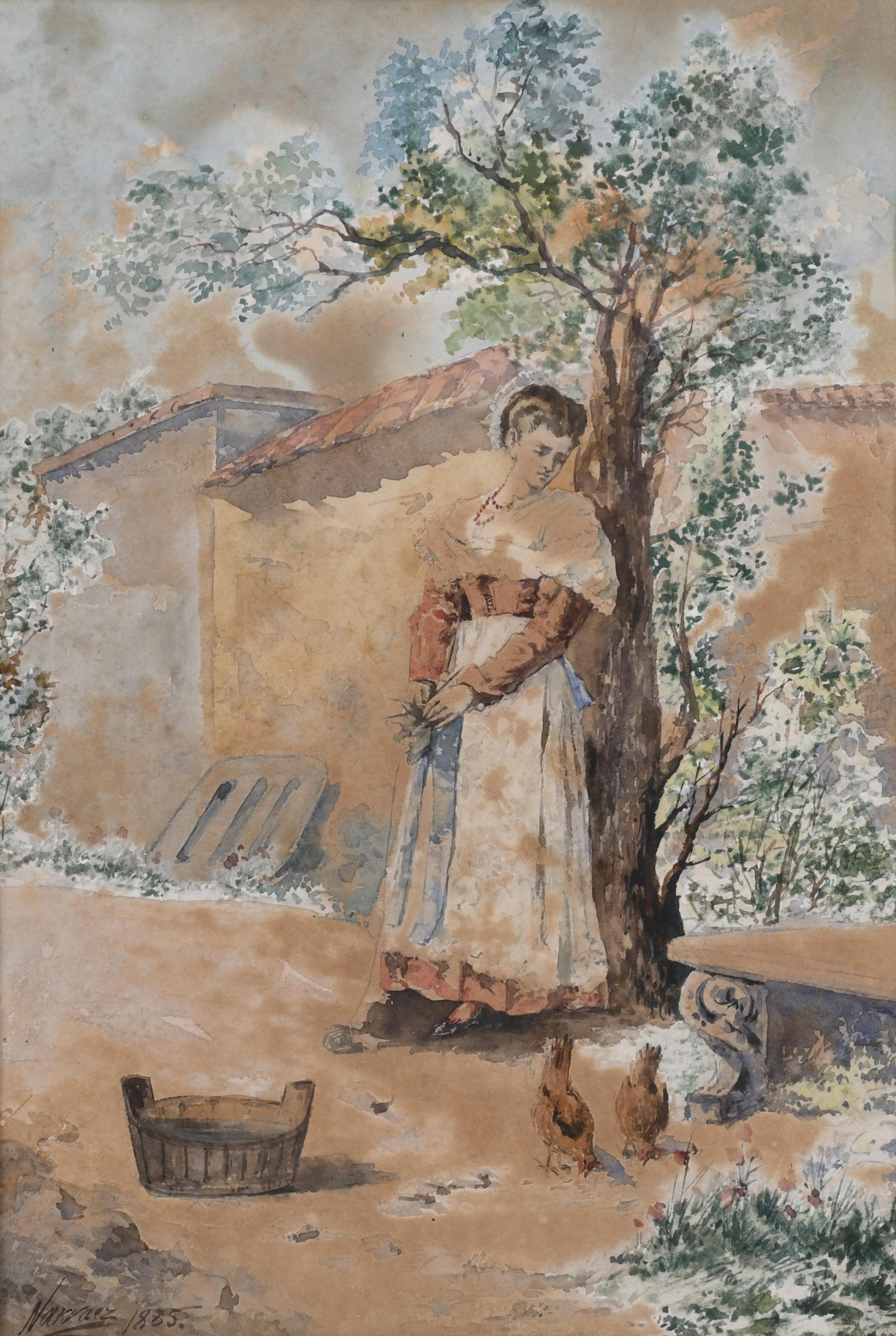 ESCUELA ESPAÑOLA, SIGLO XIX. "JOVEN Y GALLINAS", 1885.