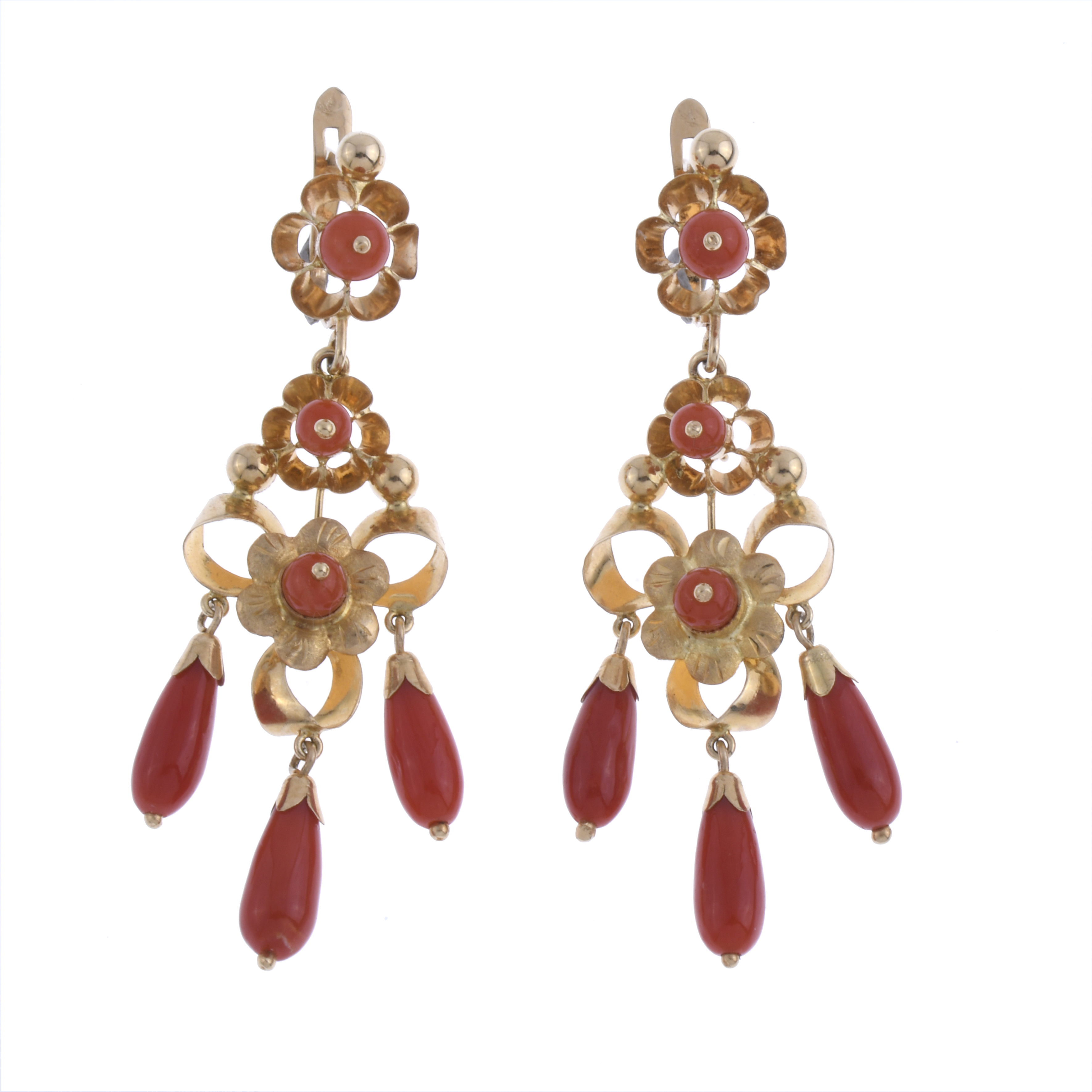 ELIZABETHAN STYLE LONG EARRINGS, WITH CORAL.