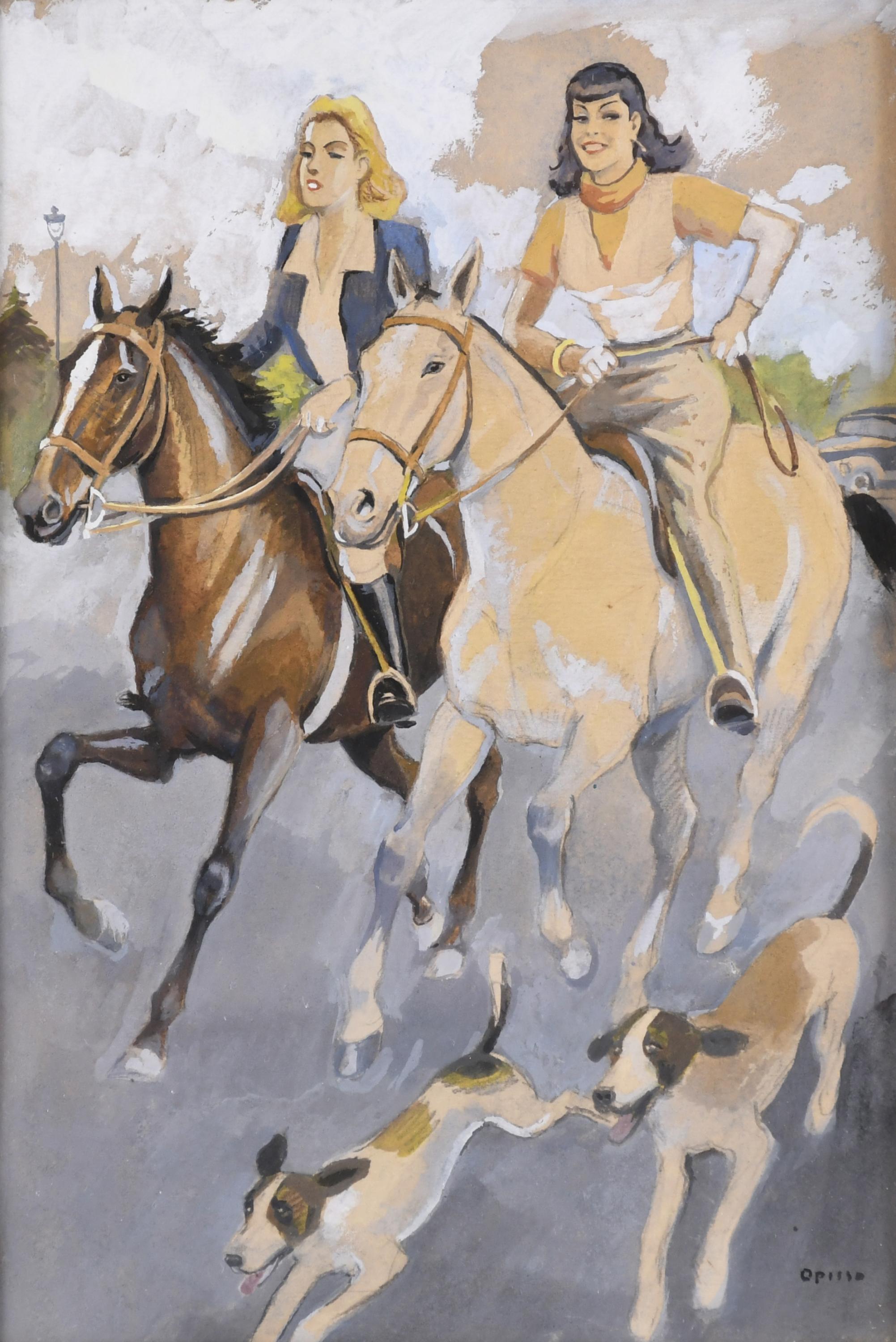 RICARD OPISSO (1880-1966). "GIRLS ON HORSEBACK AND DOGS".