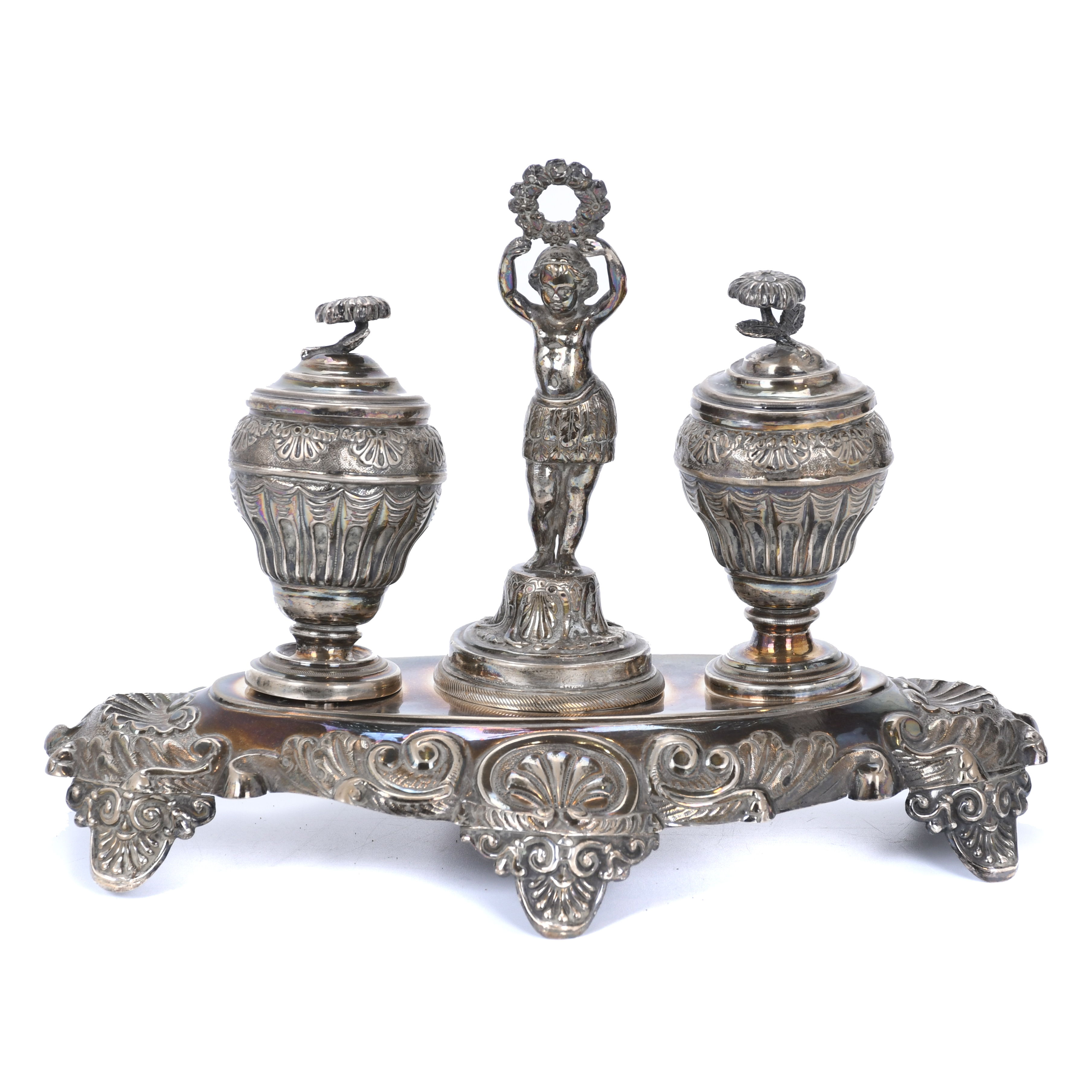 SILVER INKSTAND, FIRST HALF 19TH CENTURY.