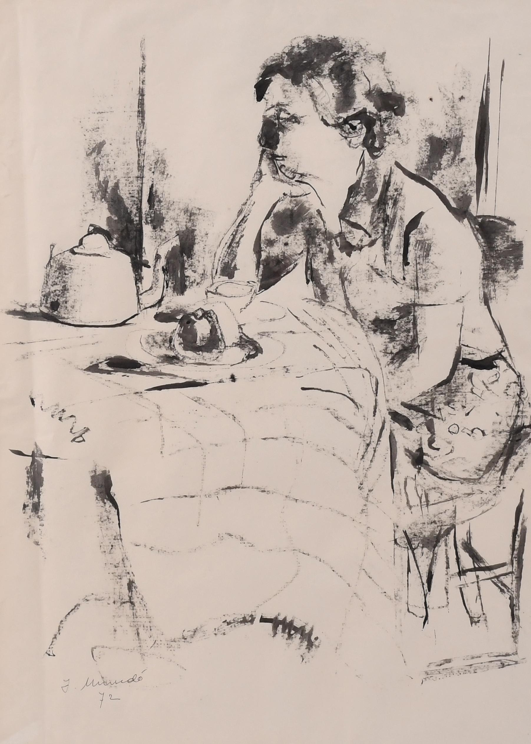 IGNASI MUNDÓ (1918-2012). "MUJER SENTADA FRENTE UNA MESA", 