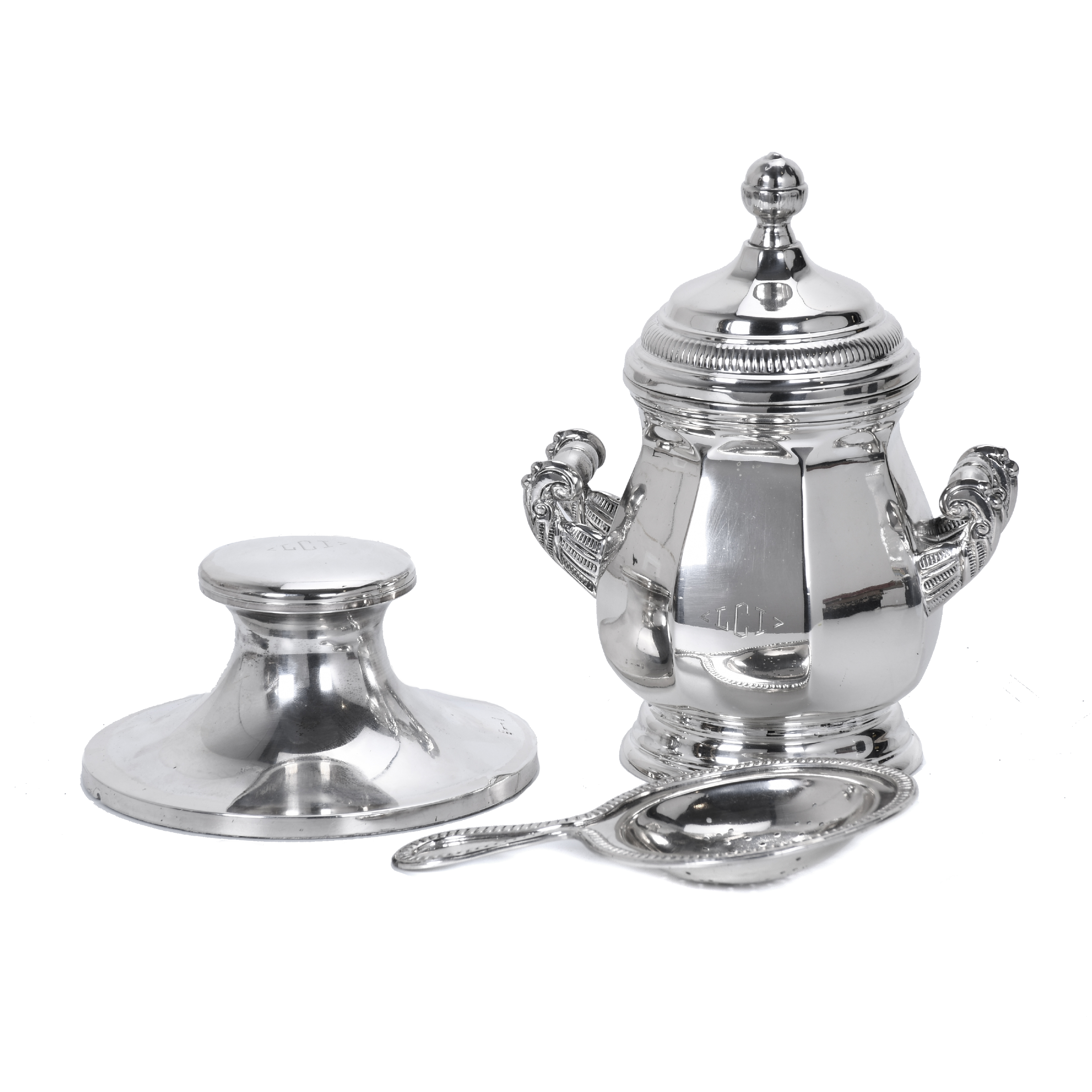 SILVER SUGAR BOWL, STRAINER AND INKWELL SET. LATE 20TH CENT