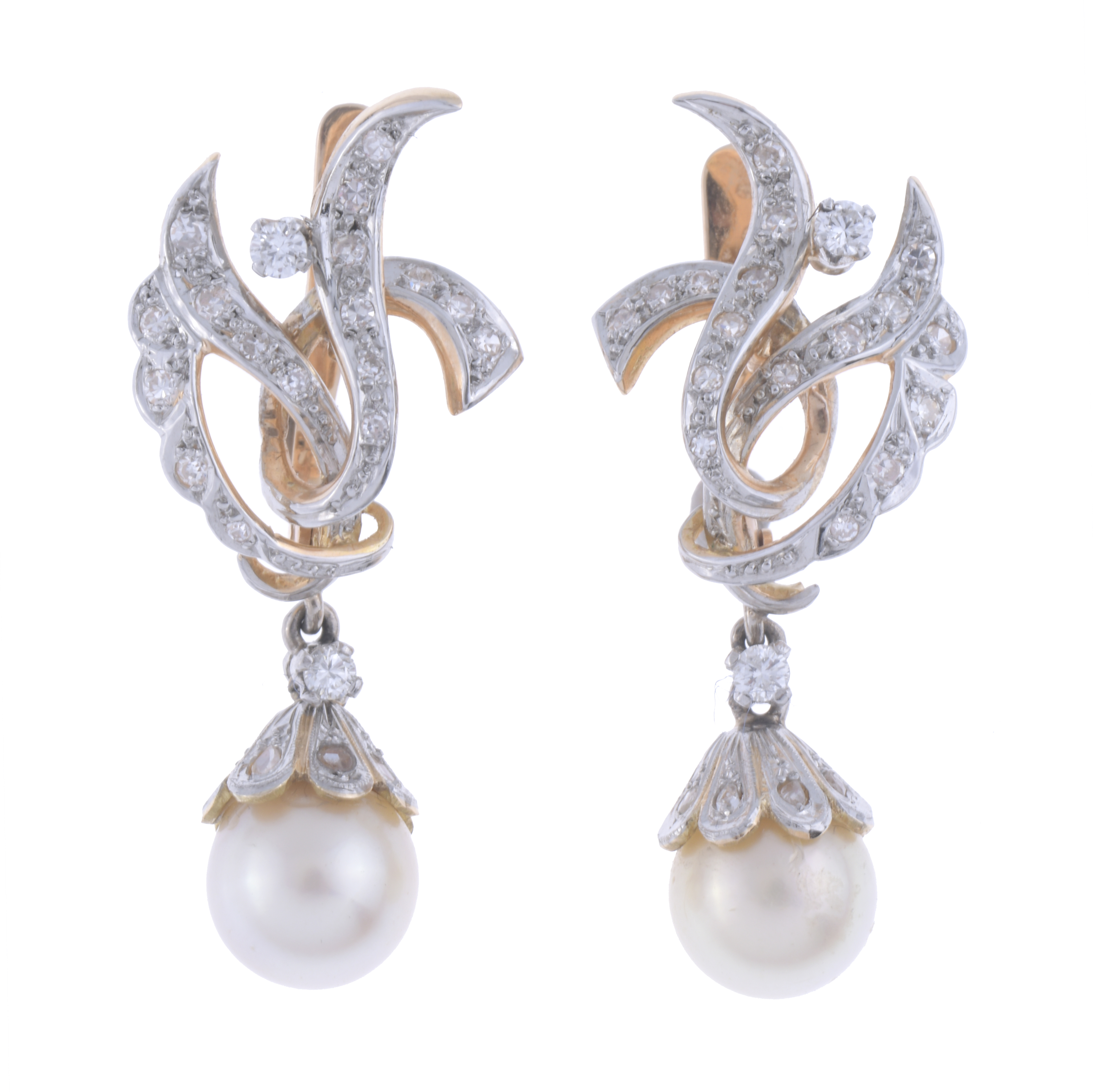 PENDIENTES CON DIAMANTES Y PERLA, AÑOS 50.