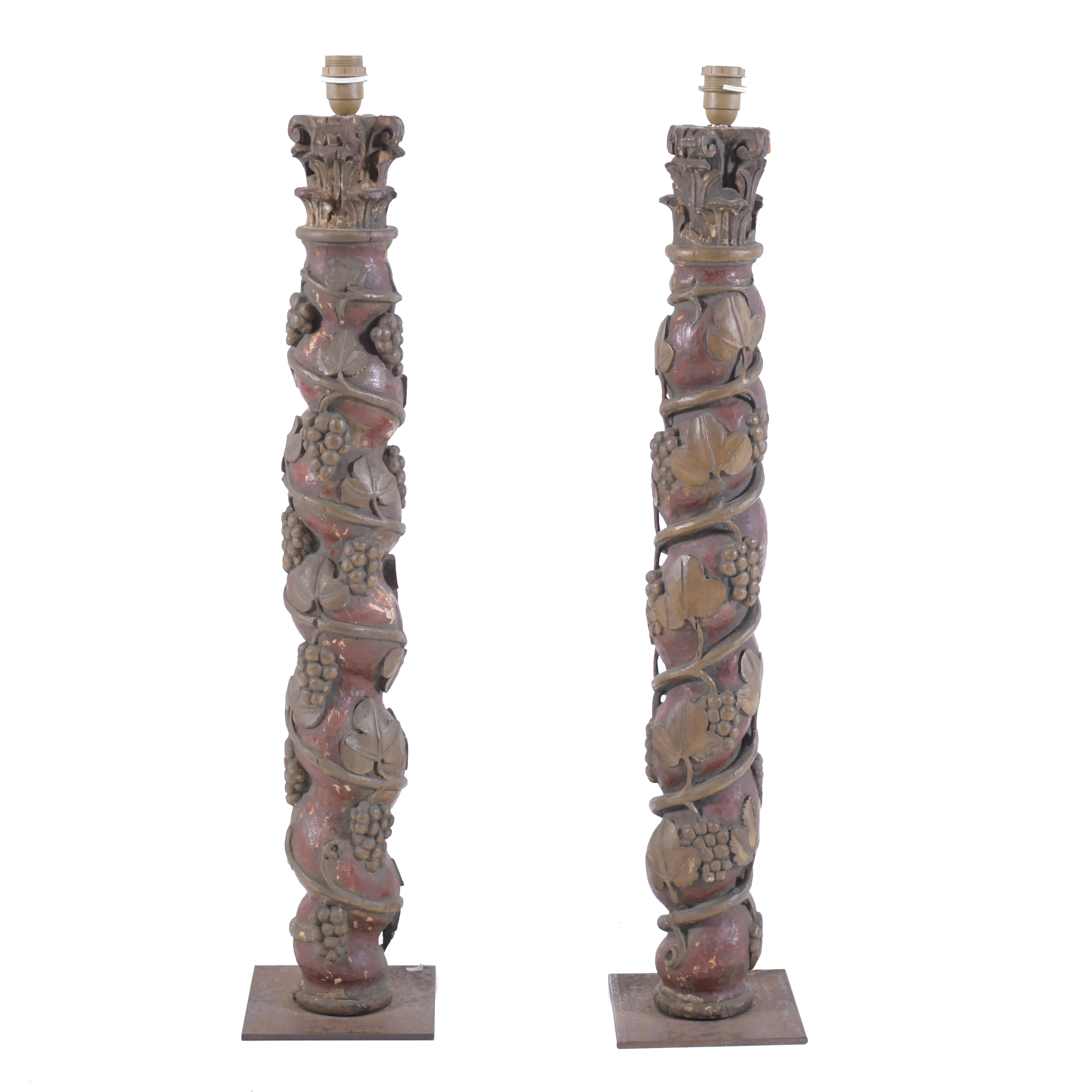 PAIR OF BAROQUE COLUMNS CONVERTED INTO LAMPS, 18TH CENTURY.