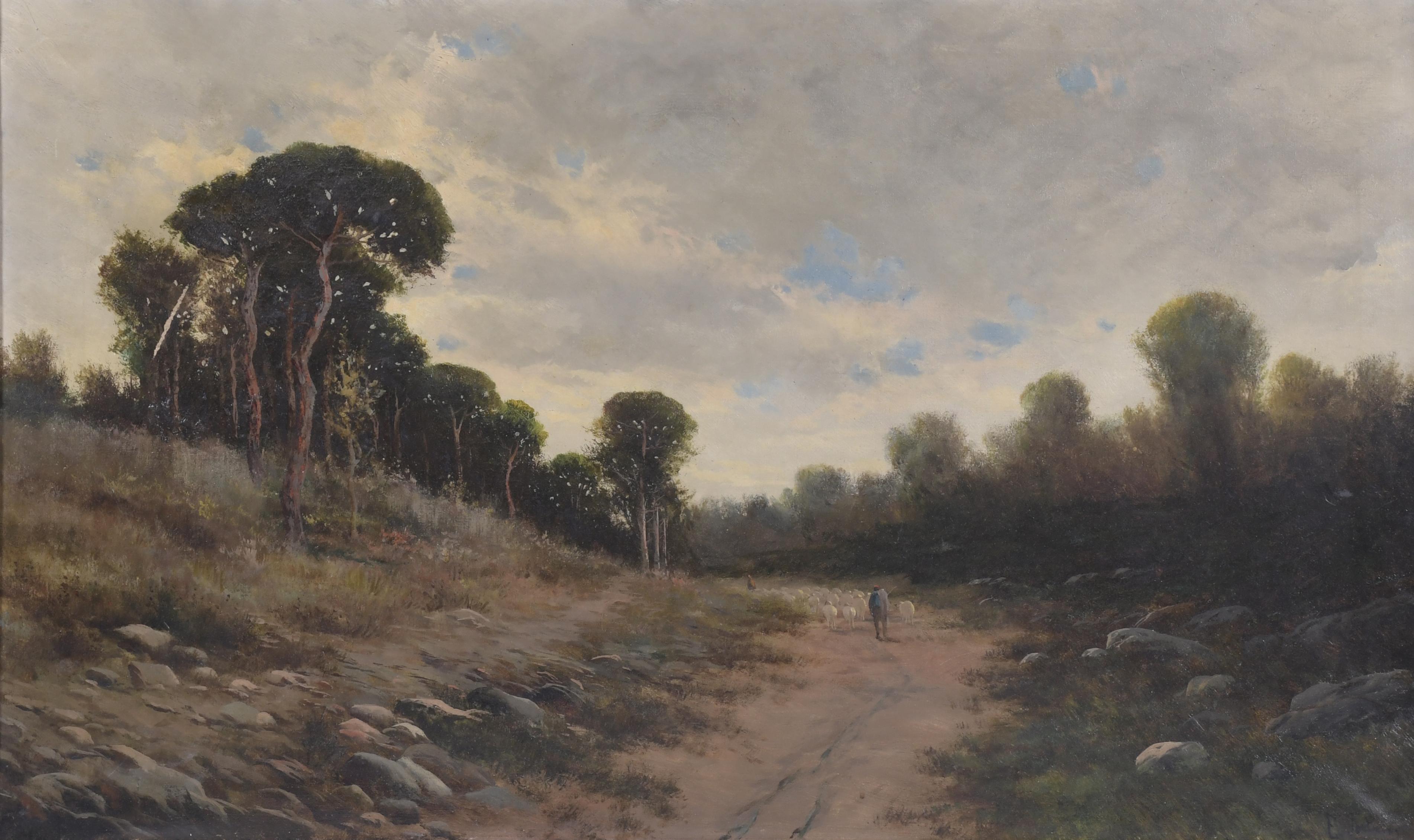 19TH CENTURY CATALAN SCHOOL. "LANDSCAPE WITH A SHEPHERD AND