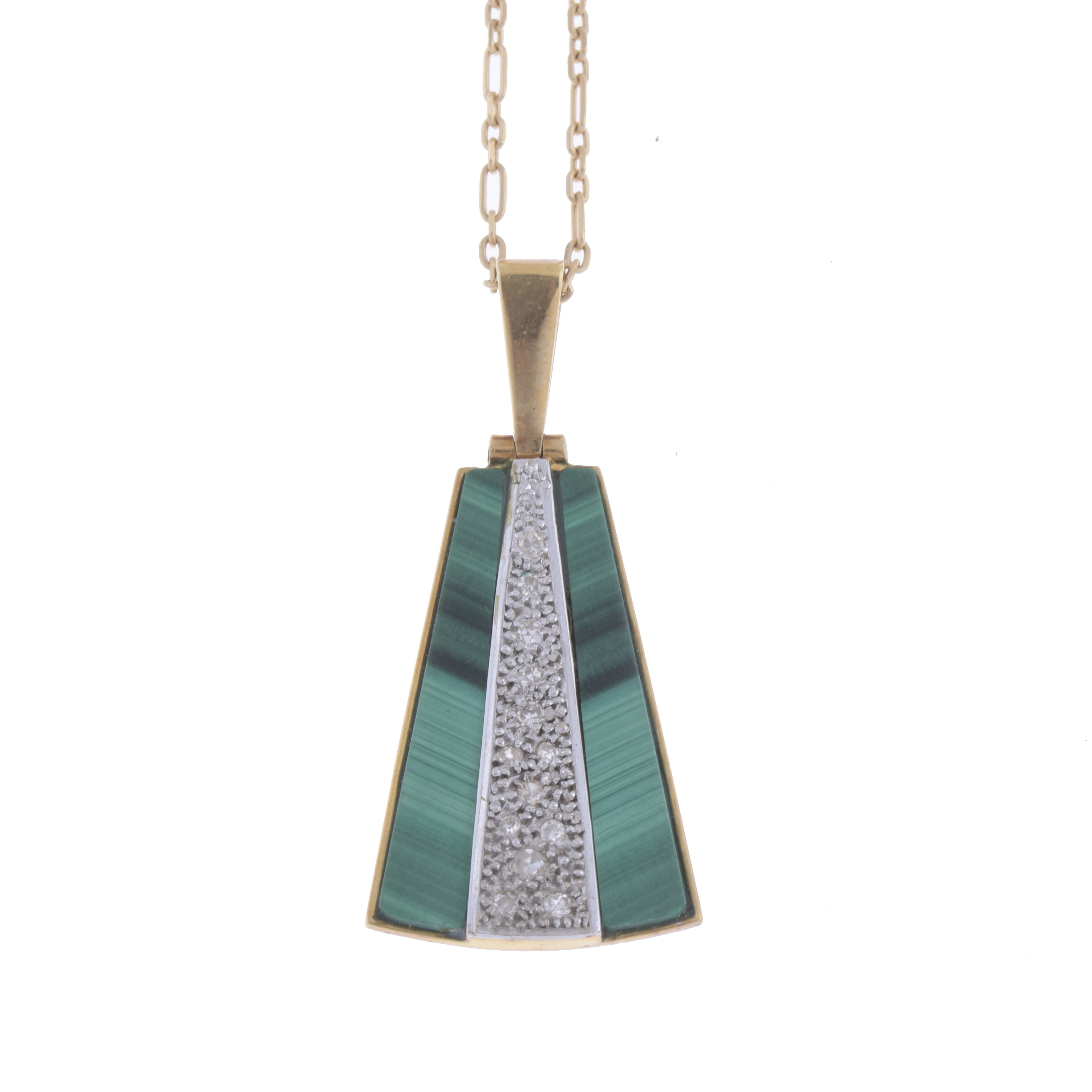 ART DECO PENDANT WITH MALACHITE AND DIAMONDS.