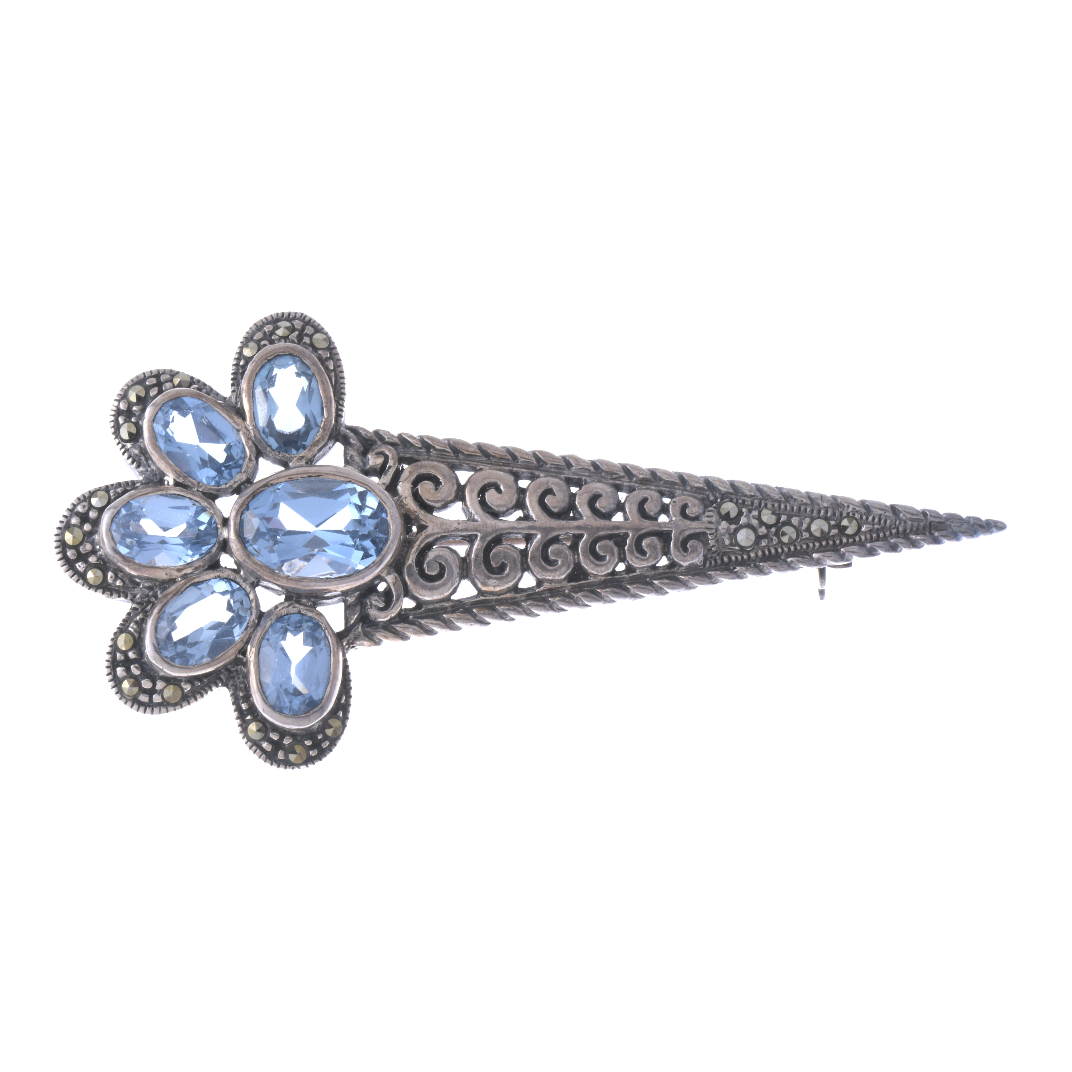 BROOCH WITH MARCASITES AND BLUE SPINEL.