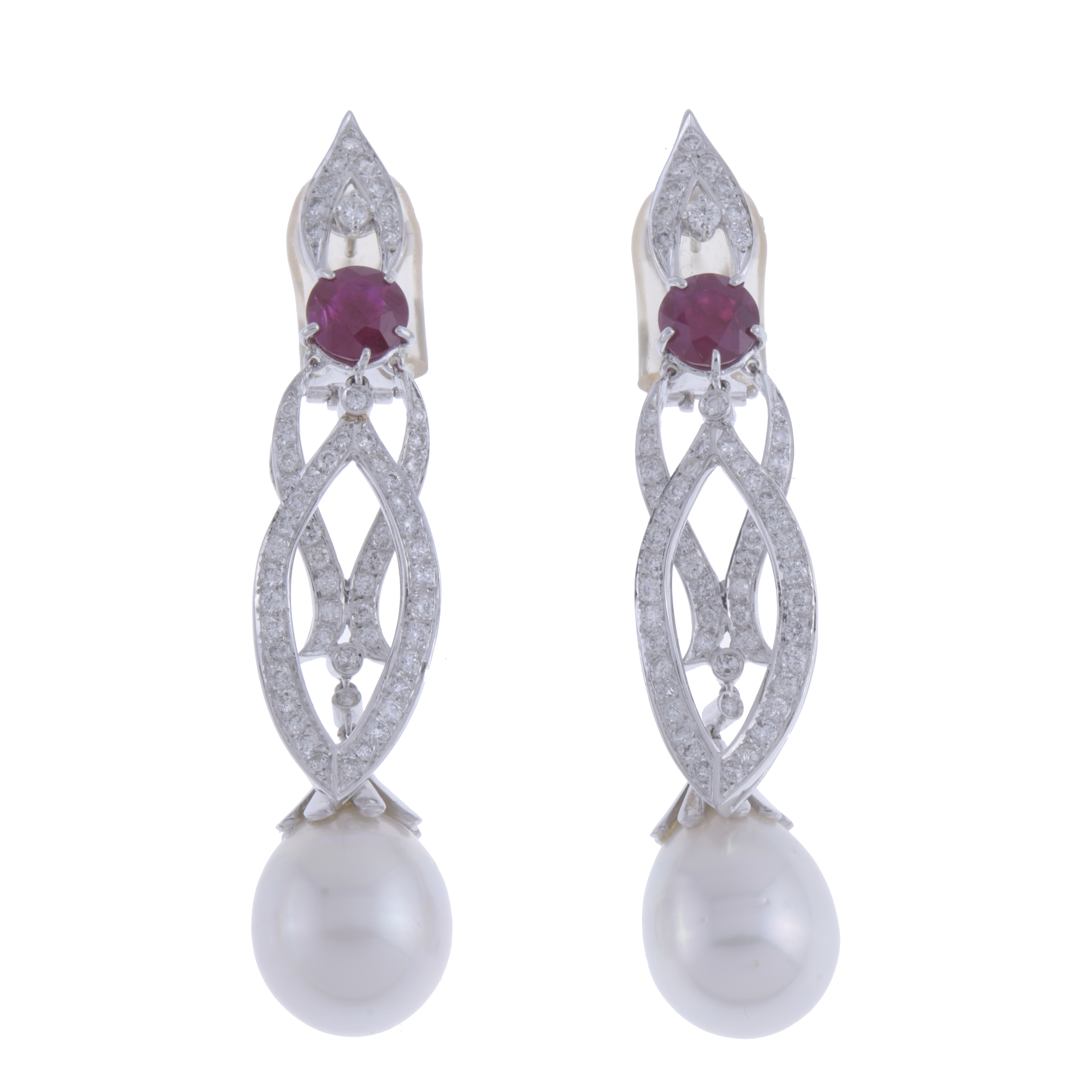 LONG EARRINGS WITH DIAMONDS, RUBY AND AUSTRALIAN PEARL.