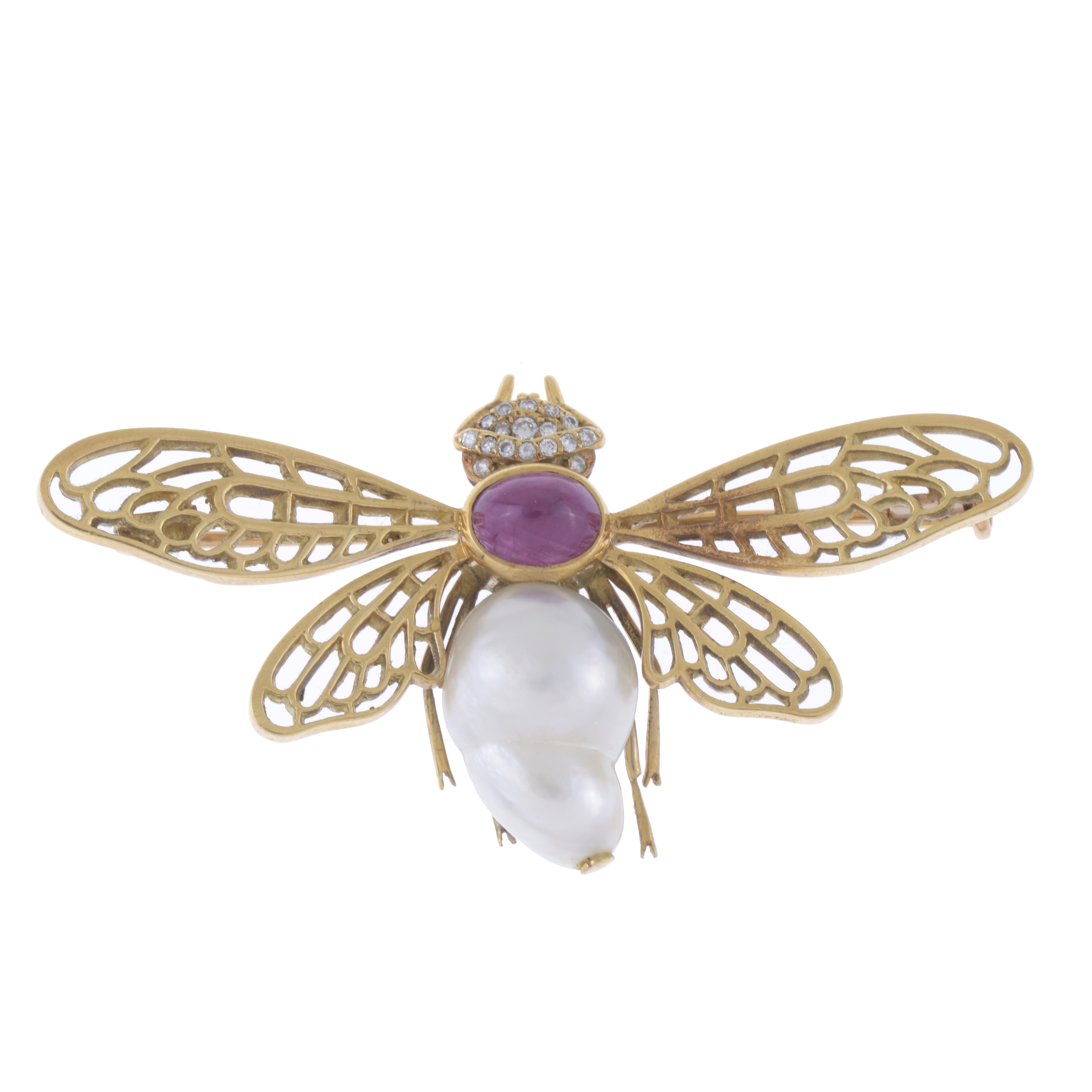 FLY BROOCH WITH PEARL AND CABOCHON RUBY.