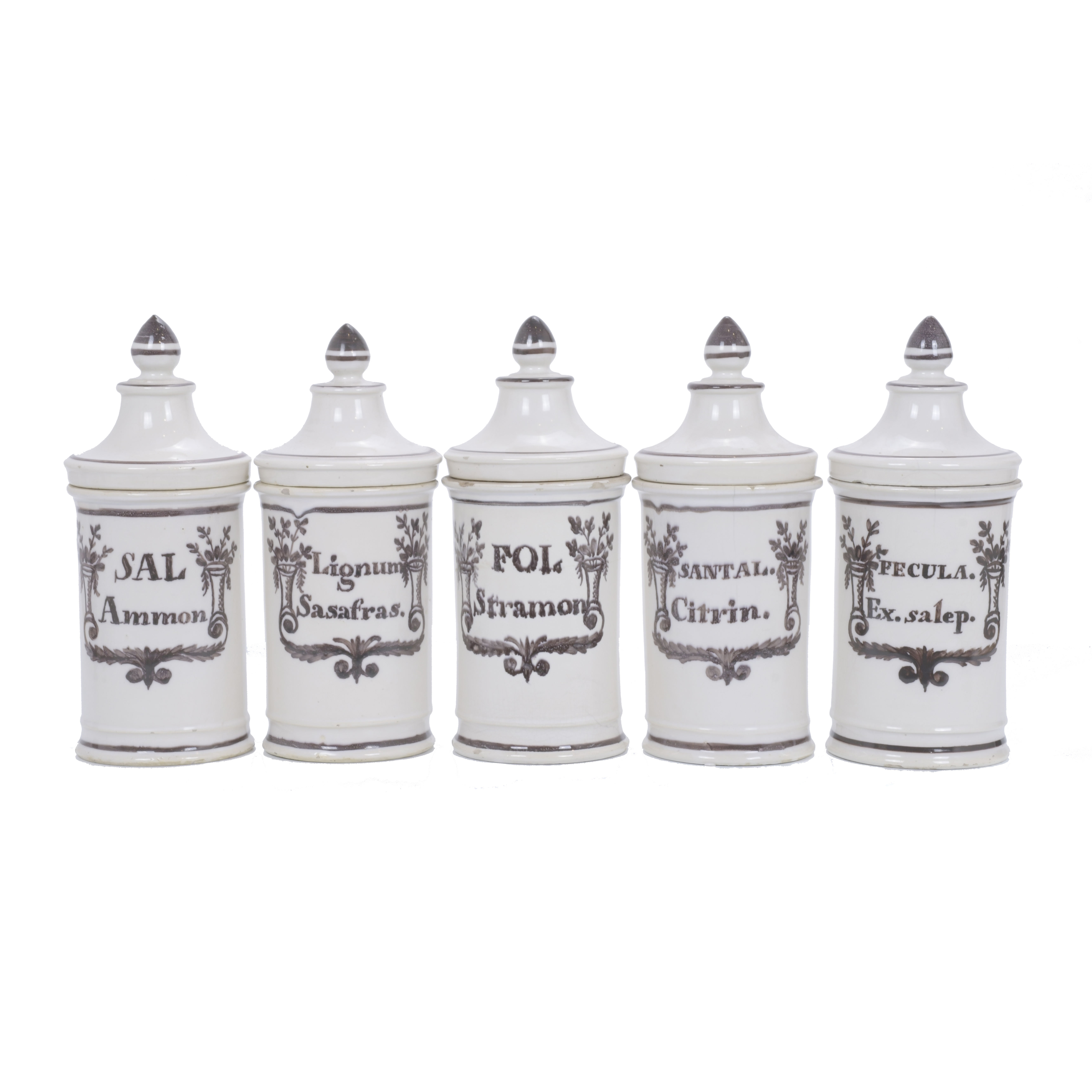 FIVE PHARMACY JARS, 20TH CENTURY.