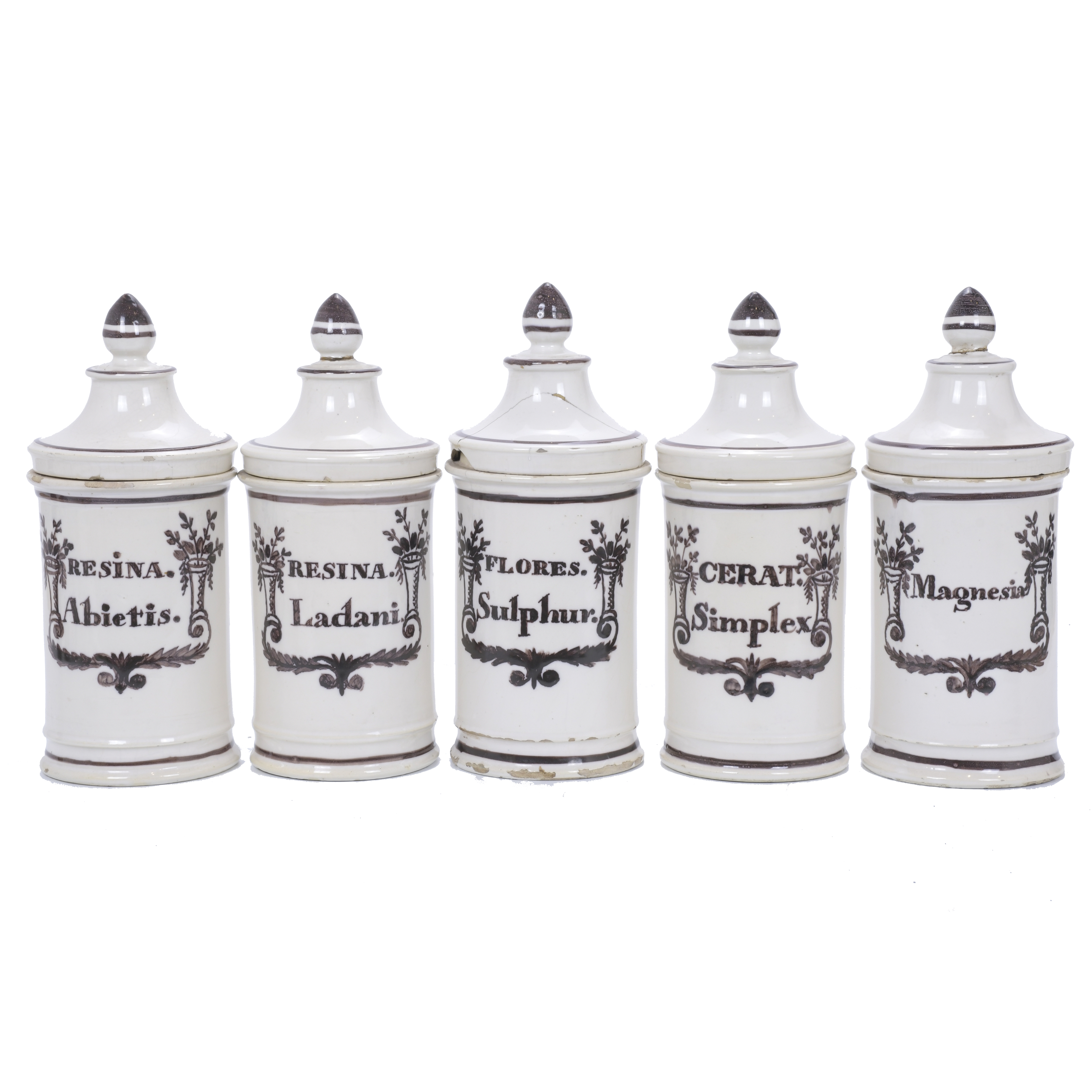 FIVE PHARMACY JARS, 20TH CENTURY.